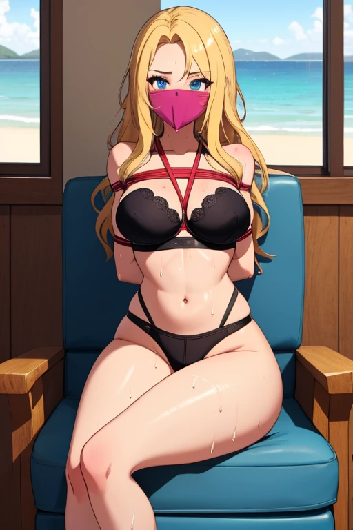 1 girl, detailed blue eyes, lange wimpern, detailed beautiful face, (very Long blonde hair:1.4), festgebunden, (arms behind back:1.6), gefesselte Arme, (blushing:1.2), (Big boobs:1.1), OTN, Gag, gagged, shibari over clothes, black skirt, White top, black bra under the top, black high heels, sitting on a large armchair, large window with beach in the background, tied gag, (wet skin:1.2), nah aufnahmen