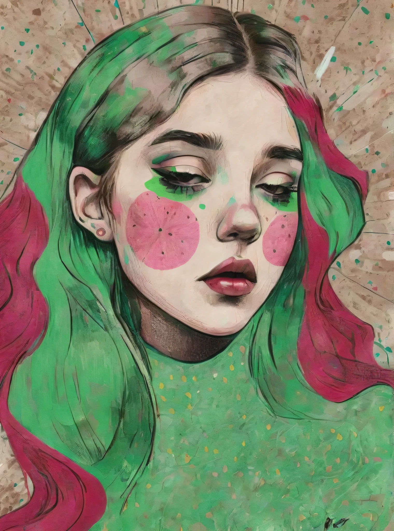Brown and green hair、Beautiful girl painting on a taupe speckled alizarin and ruby background, Close-up、 Conrad Rosette, Digital Portrait, Highly detailed painting, Pop Art, Pop Surrealism , pop surrealism、yawn、
pop art
drawing
painting