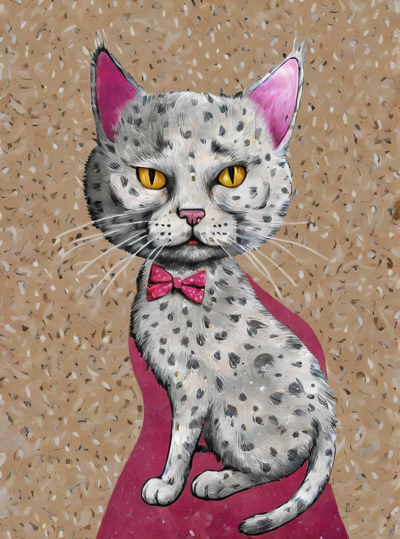 Gold and silver hair、Cat painting on taupe speckled alizarin and ruby background, Conrad Rosette, Digital Portrait, Highly detailed painting, Pop Art, Pop Surrealism , pop surrealism、yawn、
pop art
drawing
painting