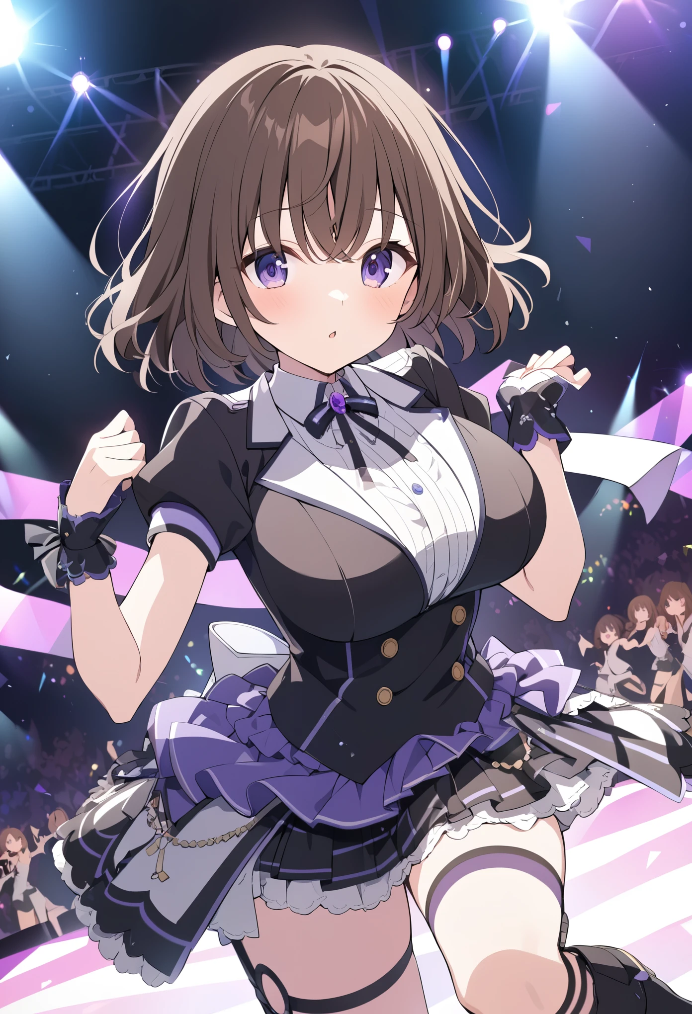 NONO ASAHINA, (BEAUTIFUL DETAILED EYES:1.2), BROWN HAIR, SHORT HAIR, BANGS, BluePurple eyes,, large breasts,, Live Stage, solo