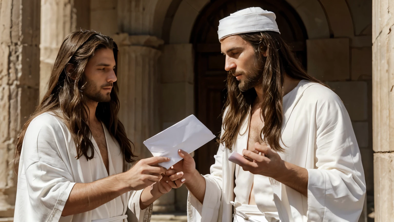 Ancient Greek long-haired man wearing a white robe,A hand reaches out and hands out an envelope,Another long-haired man took his envelope