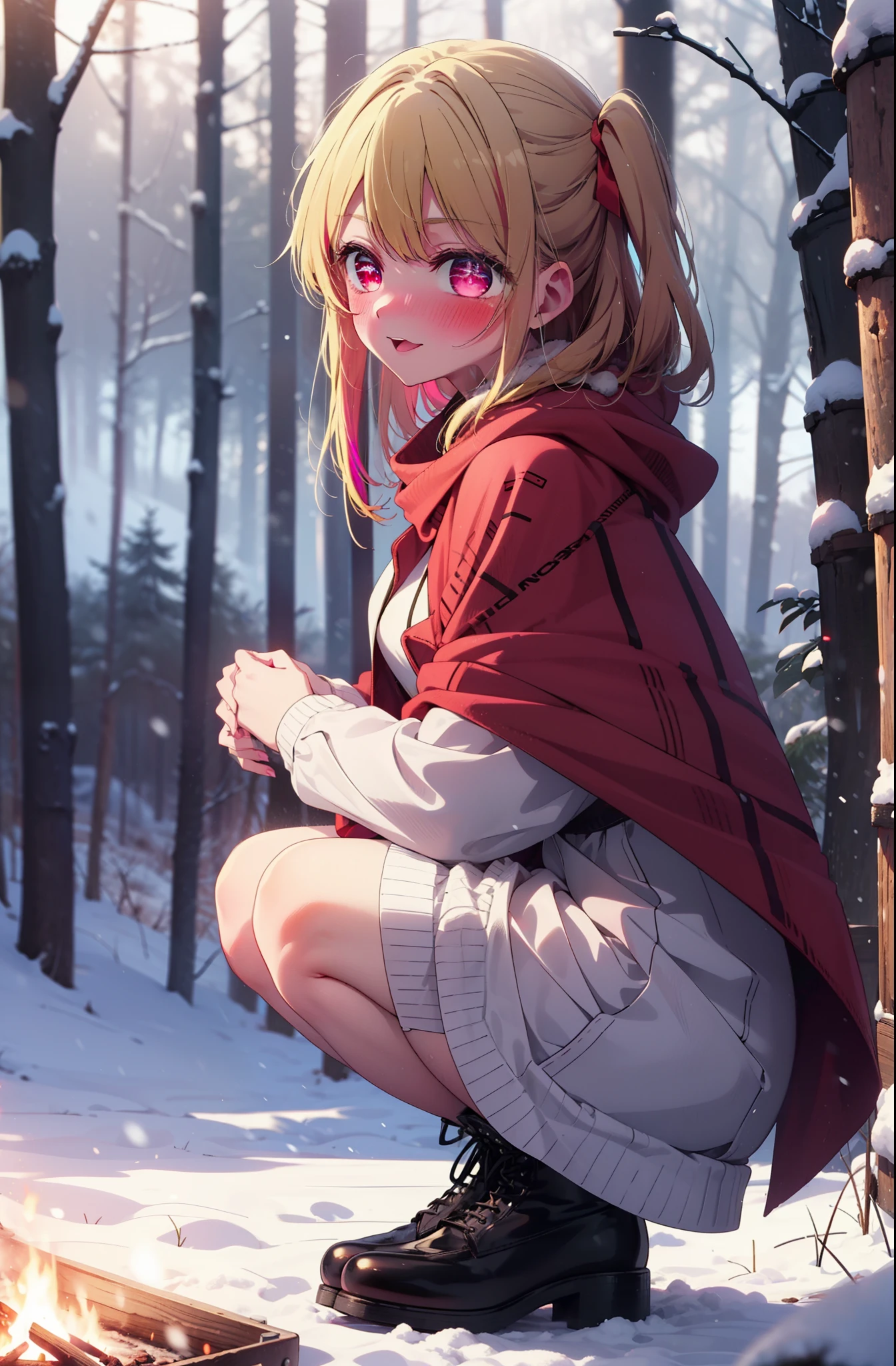 rubyhoshino, Hoshino Ruby, Long Hair, bangs, Blonde Hair, (Pink Eyes:1.3), Side Lock, (Symbol-shaped pupil:1.5), Multicolored Hair, Two-tone hair, smile,,smile,blush,White Breath,
Open your mouth,snow,Ground bonfire, Outdoor, boots, snowing, From the side, wood, suitcase, Cape, Blurred, , forest, White handbag, nature,  Squat, Mouth closed, Cape, winter, Written boundary depth, Black shoes, red Cape break looking at viewer, Upper Body, whole body, break Outdoor, forest, nature, break (masterpiece:1.2), highest quality, High resolution, unity 8k wallpaper, (shape:0.8), (Beautiful and beautiful eyes:1.6), Highly detailed face, Perfect lighting, Extremely detailed CG, (Perfect hands, Perfect Anatomy),