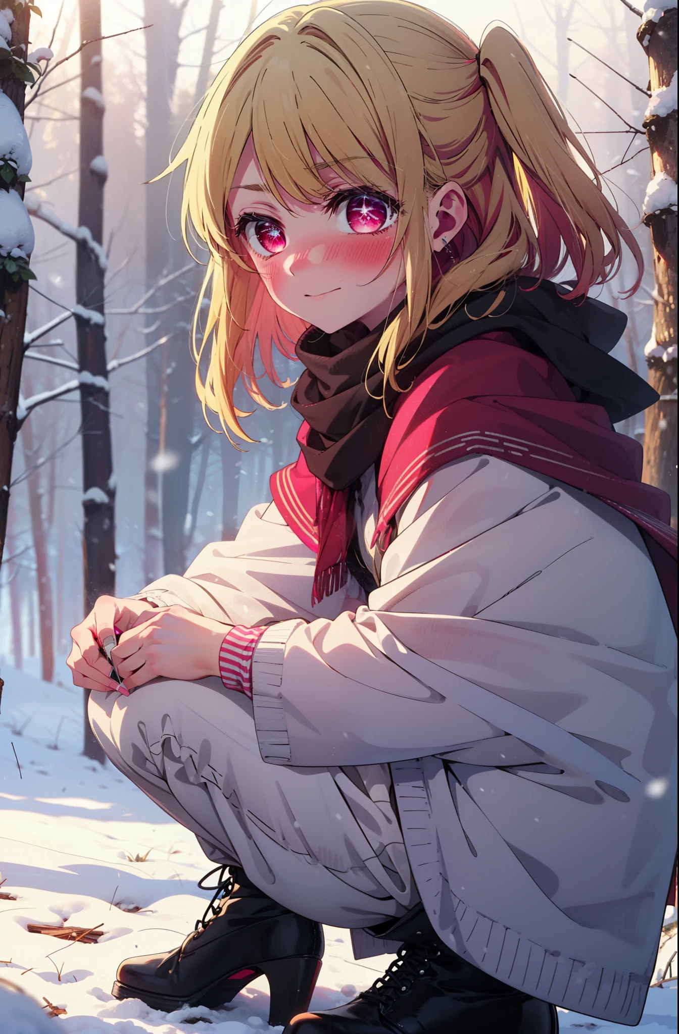 rubyhoshino, Hoshino Ruby, Long Hair, bangs, Blonde Hair, (Pink Eyes:1.3), Side Lock, (Symbol-shaped pupil:1.5), Multicolored Hair, Two-tone hair, smile,,smile,blush,White Breath,
Open your mouth,snow,Ground bonfire, Outdoor, boots, snowing, From the side, wood, suitcase, Cape, Blurred, , forest, White handbag, nature,  Squat, Mouth closed, Cape, winter, Written boundary depth, Black shoes, red Cape break looking at viewer, Upper Body, whole body, break Outdoor, forest, nature, break (masterpiece:1.2), highest quality, High resolution, unity 8k wallpaper, (shape:0.8), (Beautiful and beautiful eyes:1.6), Highly detailed face, Perfect lighting, Extremely detailed CG, (Perfect hands, Perfect Anatomy),