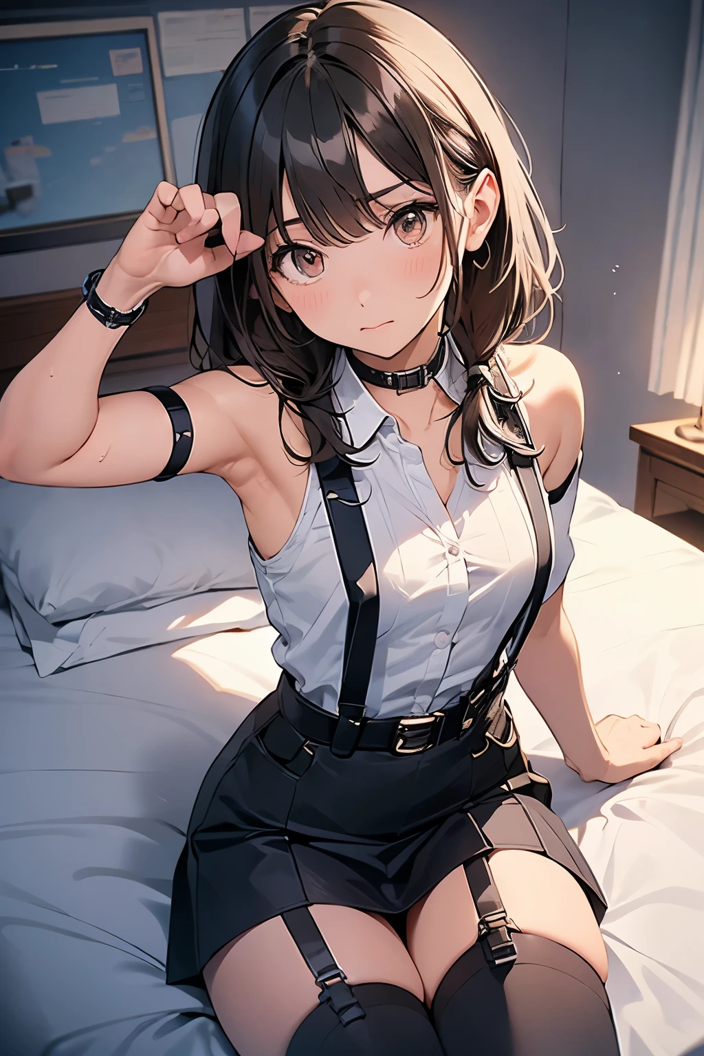 Staring at the audience Black suspenders bulging big breasts wall mini skirt garterbelt garter sight Small face holster Beautiful woman Show your hand Lying in bed sight Taunt side side汗 arm belt summer Armpit sweat