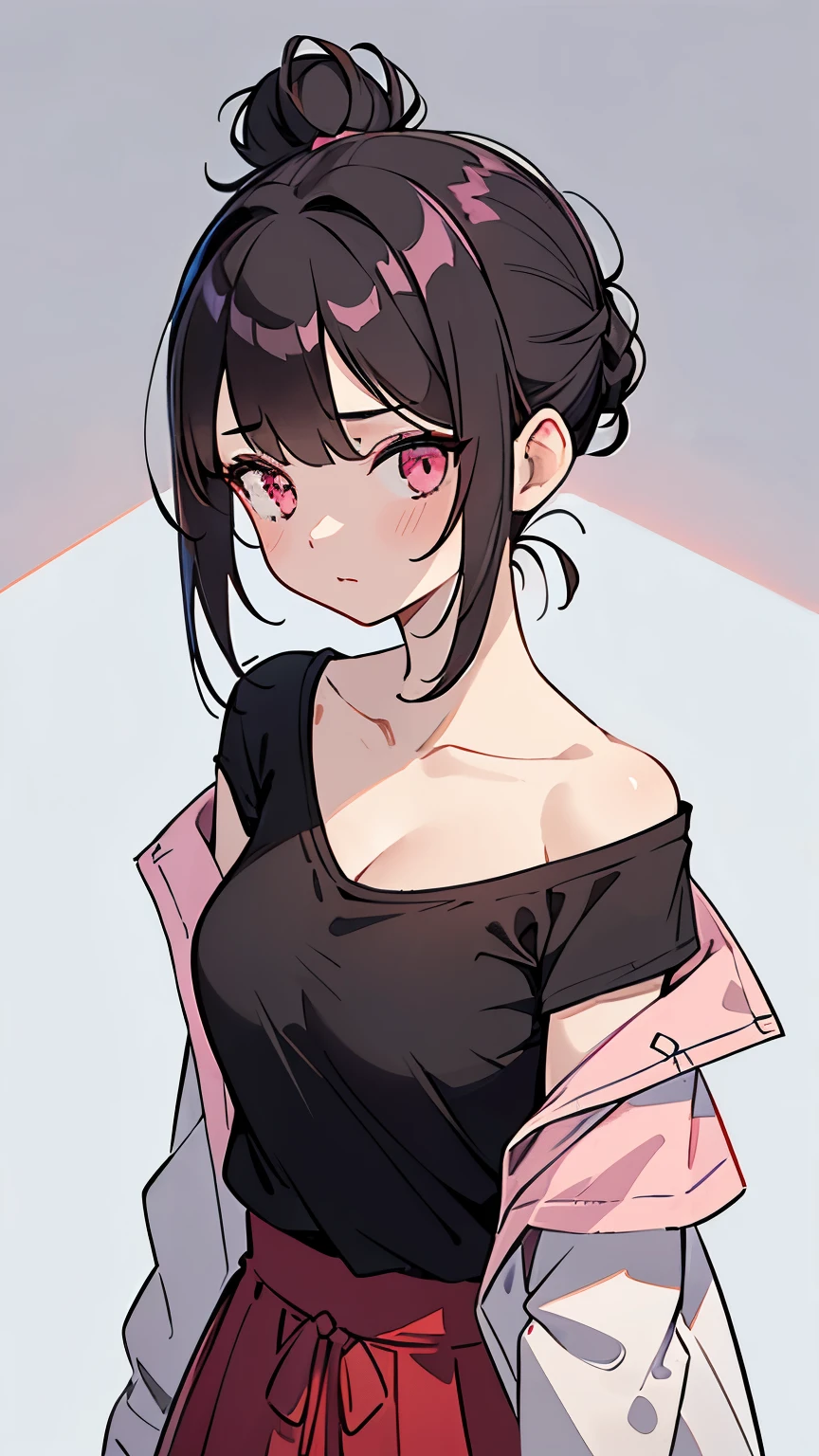 (Girl1,triangle face,pink eyes),(black hair,messy bun hairstyle),(red t-shirt off-the-shoulder neckline,mini skirt),standing,white wallpaper,Highly detailed ,8K wallpapers،Highest quality, high resolution, beautiful lighting, detailed shadow,high resolution،highly detailed,detailed faces and eyes,realistic eyes