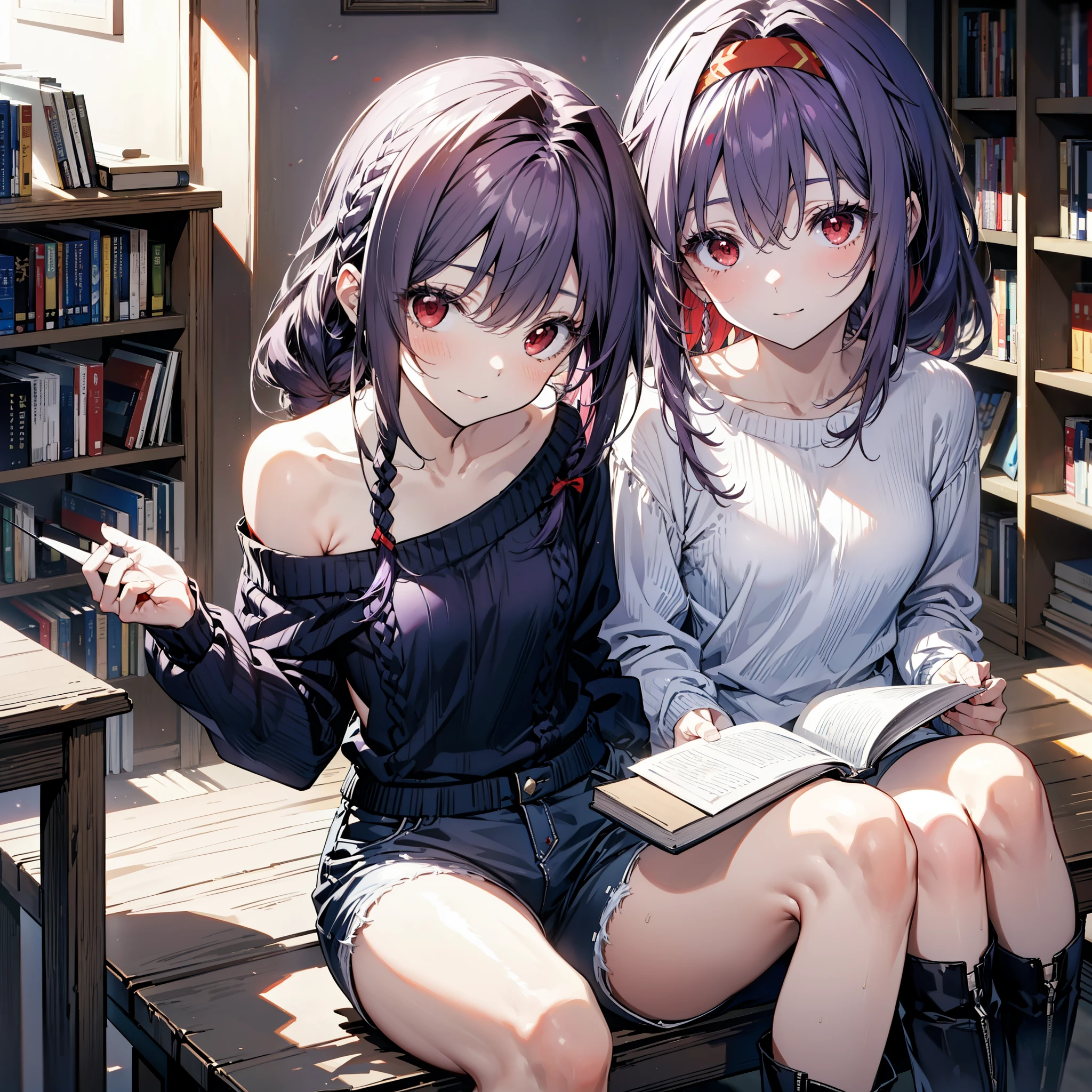 yuukikonno, Konno Yuuki, hair band, Long Hair, Pointed Ears, Purple Hair, (Red eyes:1.5), (Small breasts:1.2), Close your mouth,smile、,Long braids,Black-rimmed glasses,Oversized one-shoulder sweater,Shorts,short boots,sitting in a chair reading a book,
break looking at viewer, whole body,(Cowboy Shot:1. 5)
break indoors, figure書館,
break (masterpiece:1.2), highest quality, High resolution, unity 8k wallpaper, (figure:0.8), (Beautiful fine details:1.6), Highly detailed face, Perfect lighting, Highly detailed CG, (Perfect hands, Perfect Anatomy),