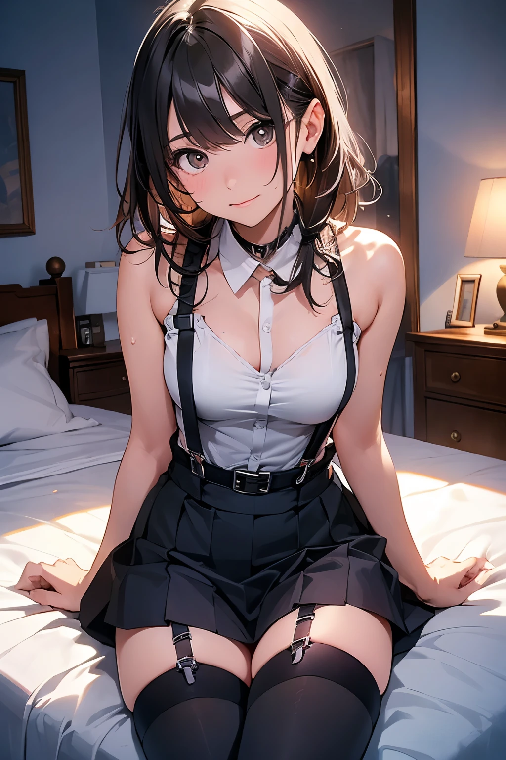 Staring at the audience　　　Black suspenders　　　bulging big breasts　　 　 　　　wall 　mini skirt　garterbelt　garter　　　　　　sight　　　Small face　 　　　holster　　　Beautiful woman　　Show your hand　　 Lying in bed　　sight 　　Taunt　side　side汗 　arm　　belt　summer　Armpit sweat