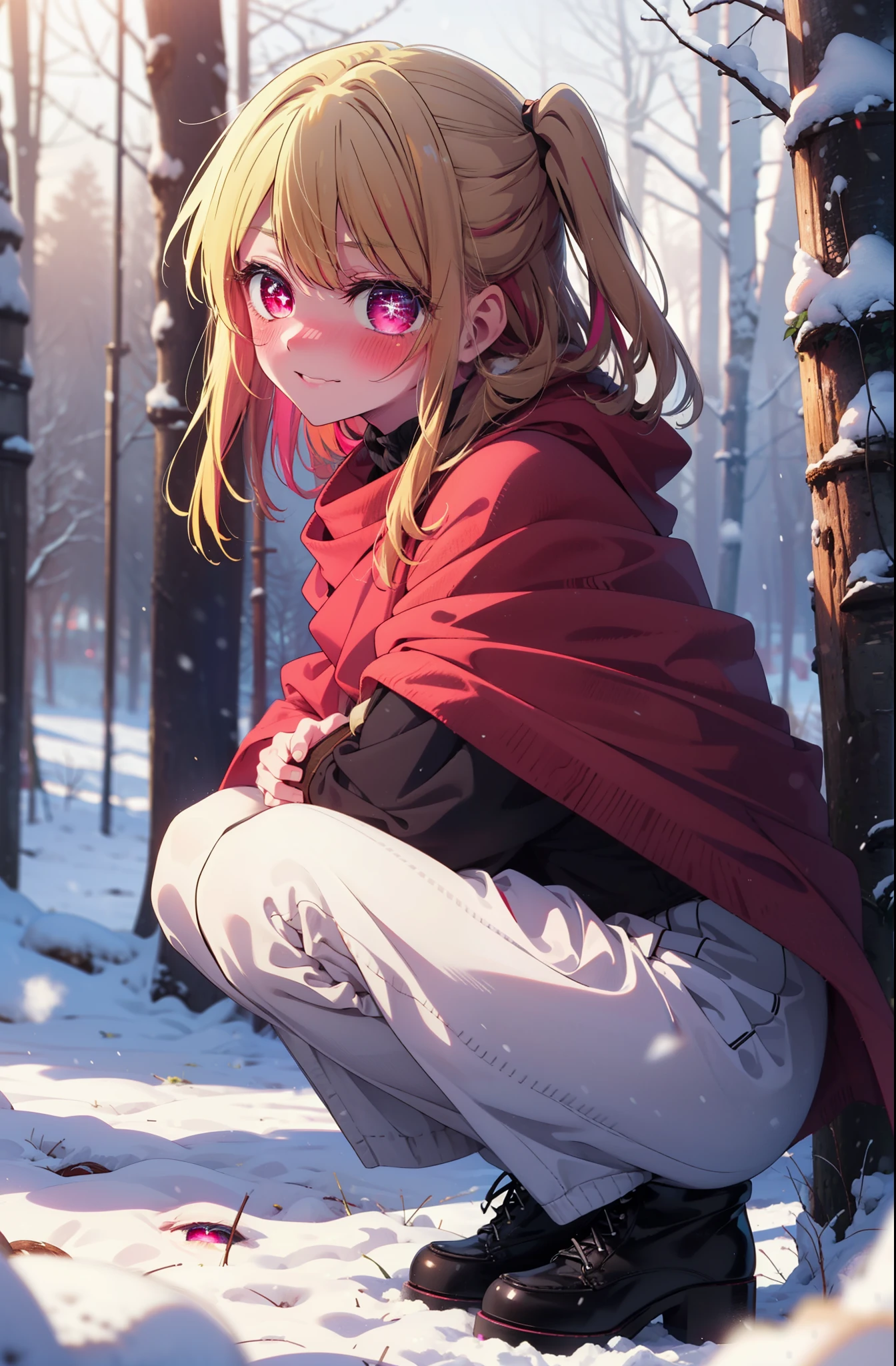 rubyhoshino, Hoshino Ruby, Long Hair, bangs, Blonde Hair, (Pink Eyes:1.3), Side Lock, (Symbol-shaped pupil:1.5), Multicolored Hair, Two-tone hair, smile,,smile,blush,White Breath,
Open your mouth,snow,Ground bonfire, Outdoor, boots, snowing, From the side, wood, suitcase, Cape, Blurred, , forest, White handbag, nature, Squat, Mouth closed, Cape, winter, Written boundary depth, Black shoes, red Cape break looking at viewer, Upper Body, whole body, break Outdoor, forest, nature, break (masterpiece:1.2), highest quality, High resolution, unity 8k wallpaper, (shape:0.8), (Beautiful and beautiful eyes:1.6), Highly detailed face, Perfect lighting, Extremely detailed CG, (Perfect hands, Perfect Anatomy),