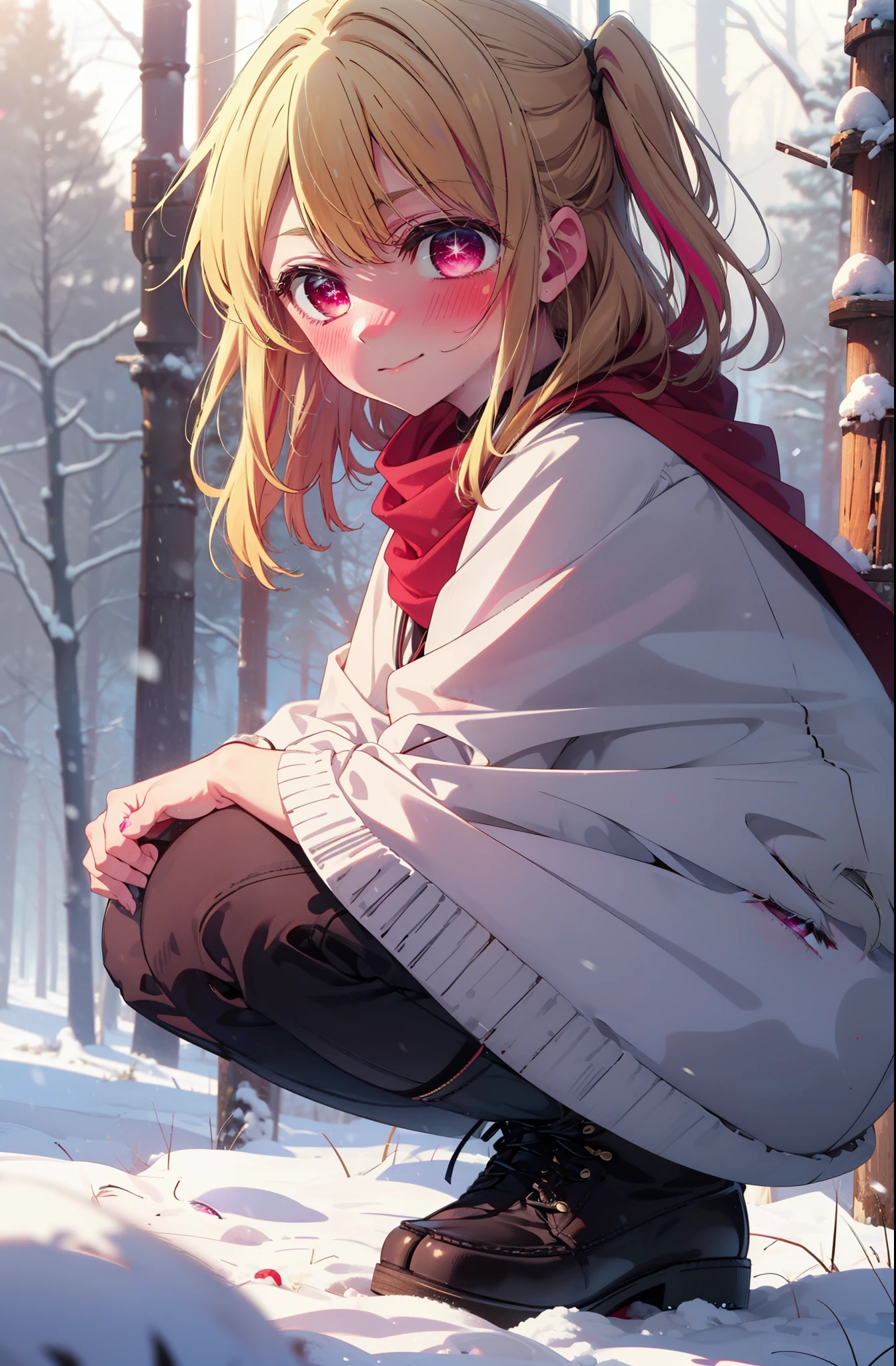 rubyhoshino, Hoshino Ruby, Long Hair, bangs, Blonde Hair, (Pink Eyes:1.3), Side Lock, (Symbol-shaped pupil:1.5), Multicolored Hair, Two-tone hair, smile,,smile,blush,White Breath,
Open your mouth,snow,Ground bonfire, Outdoor, boots, snowing, From the side, wood, suitcase, Cape, Blurred, , forest, White handbag, nature,  Squat, Mouth closed, Cape, winter, Written boundary depth, Black shoes, red Cape break looking at viewer, Upper Body, whole body, break Outdoor, forest, nature, break (masterpiece:1.2), highest quality, High resolution, unity 8k wallpaper, (shape:0.8), (Beautiful and beautiful eyes:1.6), Highly detailed face, Perfect lighting, Extremely detailed CG, (Perfect hands, Perfect Anatomy),