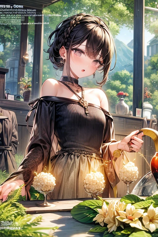 (small breasts:1.3), (perky chest:1.1), (pointed chest:1.0), (fashion magazine cover:1.3),(from below:1.0),(from side:0.9),masterpiece, 1girl, Amazing Cleavage:1.1, thin waist, big ass, Raised sexy, small breast: 1.3, posed cleavage:1.2、solo, looking at viewer, open mouth, have a cute grass of cute beergrass,black hair, dark green eyes, dress, bare shoulders, jewelry, collarbone, sidelocks, hairband, earrings, indoors, off shoulder, :o, sweater, arms behind back, plant, short hair with long locks, gild hairband, off-shoulder dress, sweater dress, off-shoulder sweater, red sweater, dark gord hair, big side hair, very long side hair,is rendered in (masterpiece: 1.2, best quality), with (ultra high resolution) and an exquisite (depth of field). This masterpiece is not only visually stunning but also tells,A scene of cooking in the kitchen by classroom