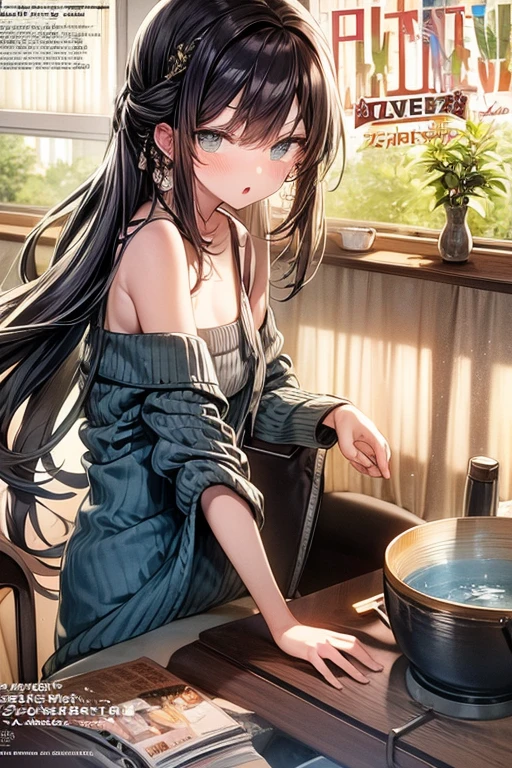 (small breasts:1.3), (perky chest:1.1), (pointed chest:1.0), (fashion magazine cover:1.3),(from below:1.0),(from side:0.9),masterpiece, 1girl, Amazing Cleavage:1.1, thin waist, big ass, Raised sexy, small breast: 1.3, posed cleavage:1.2、solo, looking at viewer, open mouth, have a cute grass of cute beergrass,black hair, dark green eyes, dress, bare shoulders, jewelry, collarbone, sidelocks, hairband, earrings, indoors, off shoulder, :o, sweater, arms behind back, plant, short hair with long locks, gild hairband, off-shoulder dress, sweater dress, off-shoulder sweater, red sweater, dark gord hair, big side hair, very long side hair,is rendered in (masterpiece: 1.2, best quality), with (ultra high resolution) and an exquisite (depth of field). This masterpiece is not only visually stunning but also tells,A scene of cooking in the kitchen by classroom