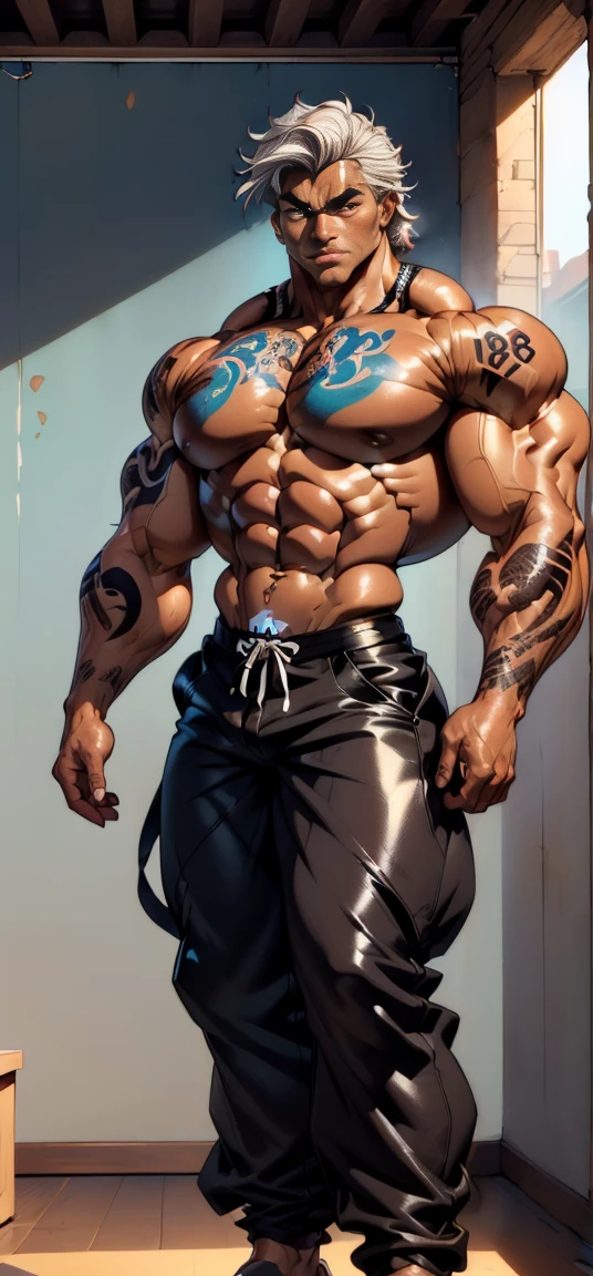 Full body photo, ((exaggerated muscles, exaggerated shoulders, very muscular and huge)), (muscular, hairy body, muscular man, tall man, big toe, abs, big thighs, wide shoulders, open chest)), ((facial and eye details), ((trim)), (square jaw)(nsfw), ((((bare chest, bare torso)))), (Male tribe, ((male, boy, male, male, only male, 1 man, male)), ((((18 years old)))), muscular man, ((male muscle)), male male, male male, male male, male male, male male, male male, handsome face, ((white hair, short), very short pointy hair, bleached gray hair in the hair band blue, underhair)))), ((grey eyes :1.3)), complex eyes, beautiful detailed eyes, symmetrical eyes, big eyes :1.5, ((dark skin, dark skin, shiny skin :1.5), tanned skin, bright skin :1.5, tanned skin, shiny skin, very shiny body)), (exaggerated muscles, Exaggerated shoulders, very muscular and huge)), (muscular, hairy body, muscular men, tall men, big toes, abs, big thighs, wide shoulders, open chest)), (details of face and eyes), ((slim)), (square chin)(nsfw), ((((bare chest, bare torso)))), (barefoot,), (lift pants), ((Tattoo and mark :1.5)), ((Tattoo and mark :1.5)), (Topless, topless,), wearing baggy casual shorts :1.3, baggy casual shorts)), ((ripped clothes, matte clothes, complicated clothes)), dynamic pose, looking at the audience, (serious,) piercing the eye), middle, appropriate proportions, Three laws, (white cloth covering the whole picture), winter, landscape :1.25, (wrinkled cloth), (cluttered background), dirty rags everywhere, (tattered not covering the whole picture, tattered utility room), extreme landscape, (stains everywhere), light blue yarn, modern style, tattered room, (sunrise, light blue moment), (No glossy fabric decor), high resolution, clear focus, (Super detailed, very detailed), (realistic artwork :1.37), (very detailed CG unified 8k wallpaper), (Bright colors, vibrant theme), (complex), (Masterpiece), (best quality), art photography, (SLR photography), (Complex background), perfect