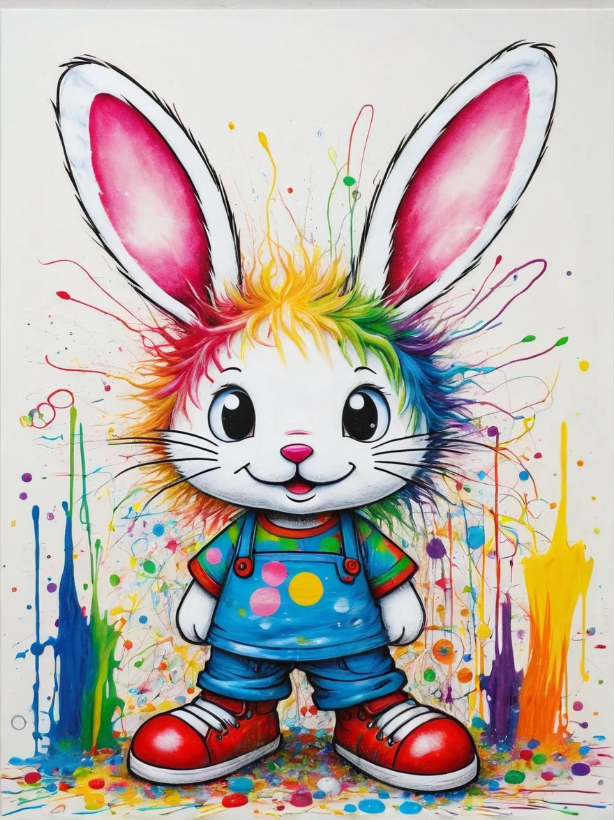 Drawing by Takashi Murakami and Peter 5 year olds scribble drawing of White Rabbit, messy, crayons on white construction paper, not good, full body drawiing, unfinished, 4K, octane render