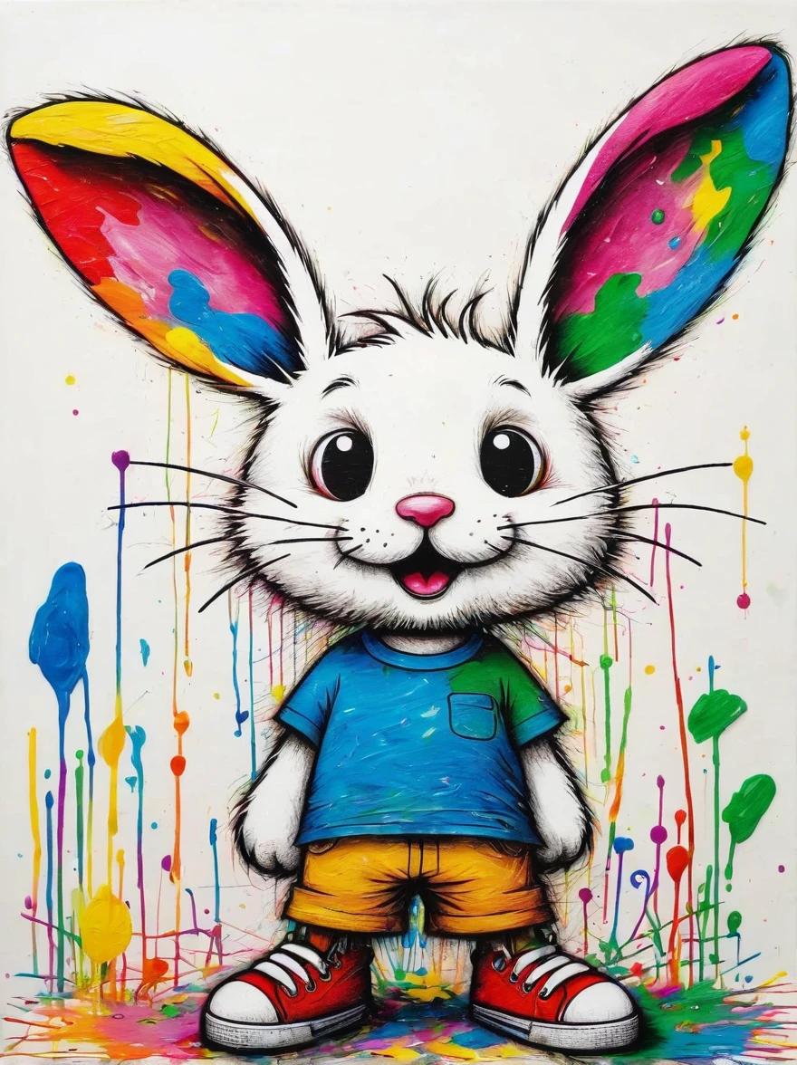 Drawing by Takashi Murakami and Peter 5 year olds scribble drawing of White Rabbit, messy, crayons on white construction paper, not good, full body drawiing, unfinished, 4K, octane render