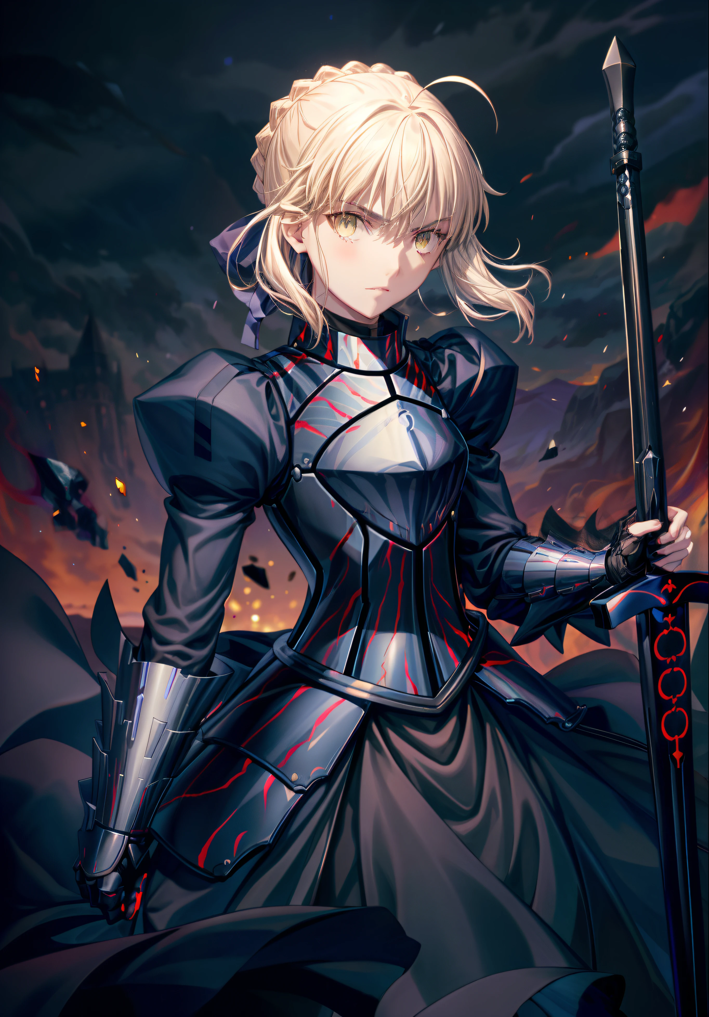 Best quality, Masterpiece, phAlter, phAltoria, 1girll, Solo, Dark weapons, Dark armor dress, Sword of Darkness, view the viewer, Armed with a dark weapon, Dark gloves, Armed with a dark sword, hair between eye, Black dress, chest plate, Black armor, side locks, bangs, french braid, parted lip, Puffy sleeves, Long sleeves, Short hair,