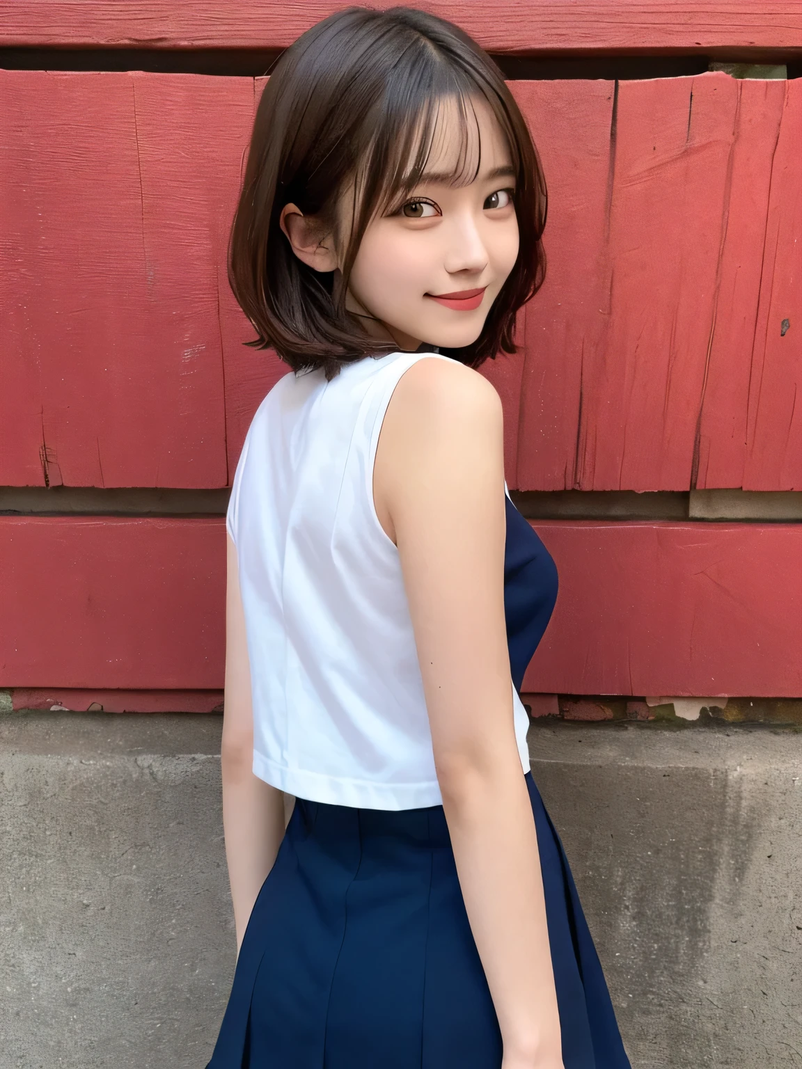 In detail,Full body photo、Blonde、 One high school girl、High resolution, high quality、Slim body、Perfect dynamic composition, Beautiful fine details, Short Hair、Natural color lip,Kamimei、14-year-old girl、Clear Skin、Sleeveless navy blue sailor suit、Green mini skirt、Thighs、Shiny Hair、最high quality, figure, Very detailed, In detail, High resolution, 8k、The correct state of the human body、Sculpture model pose,Red Wall,Looking at the viewer with his back turned、Thighs are visible、smile、