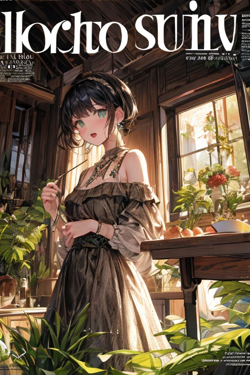 (small breasts:1.3), (perky chest:1.1), (pointed chest:1.0), (fashion magazine cover:1.3),(from below:1.0),(from side:0.9),masterpiece, 1girl, Amazing Cleavage:1.1, thin waist, big ass, Raised sexy, small breast: 1.3, posed cleavage:1.2、solo, looking at viewer, open mouth, have a cute grass of cute beergrass,black hair, dark green eyes, dress, bare shoulders, jewelry, collarbone, sidelocks, hairband, earrings, indoors, off shoulder, :o, sweater, arms behind back, plant, short hair with long locks, gild hairband, off-shoulder dress, sweater dress, off-shoulder sweater, red sweater, dark gord hair, big side hair, very long side hair,is rendered in (masterpiece: 1.2, best quality), with (ultra high resolution) and an exquisite (depth of field). This masterpiece is not only visually stunning but also tells,A scene of cooking in the kitchen by classroom