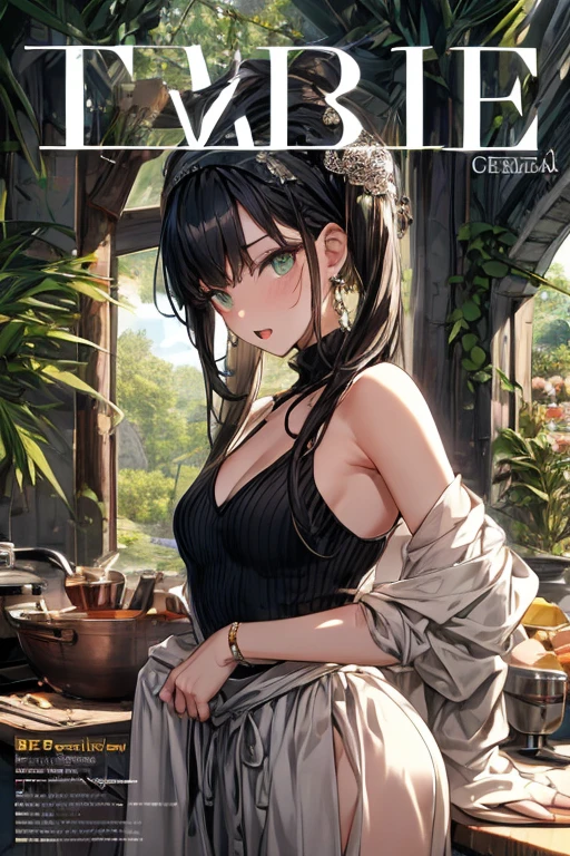 (small breasts:1.3), (perky chest:1.1), (pointed chest:1.0), (fashion magazine cover:1.3)，(from below:1.0),(from side:0.9),masterpiece, 1girl, Amazing Cleavage:1.1, thin waist, big ass, Raised sexy, small breast: 1.3, posed cleavage:1.2、solo, looking at viewer, open mouth, have a cute grass of cute beergrass,black hair, dark green eyes, dress, bare shoulders, jewelry, collarbone, sidelocks, hairband, earrings, indoors, off shoulder, :o, sweater, arms behind back, plant, short hair with long locks, gild hairband, off-shoulder dress, sweater dress, off-shoulder sweater, red sweater, dark gord hair, big side hair, very long side hair,is rendered in (masterpiece: 1.2, best quality), with (ultra high resolution) and an exquisite (depth of field). This masterpiece is not only visually stunning but also tells,A scene of cooking in the kitchen by classroom 
