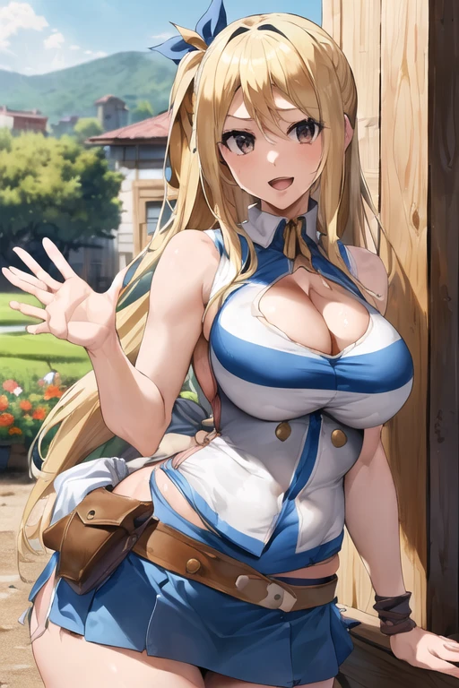 masterpiece, best quality, High resolution, Lucy Hartfilia, Blonde Hair, long hair, Large Breasts( (((Large Breasts、Breast sagging、Low-cut,Cleavage ,Wide hips,)))((Long legs)),Hourglass figure))), , White shirt, Sleeveless, belt, Blue skirt, Cowboy shooting, permanent, looking at the audience, outdoor, Waved, Smile, open mouth,