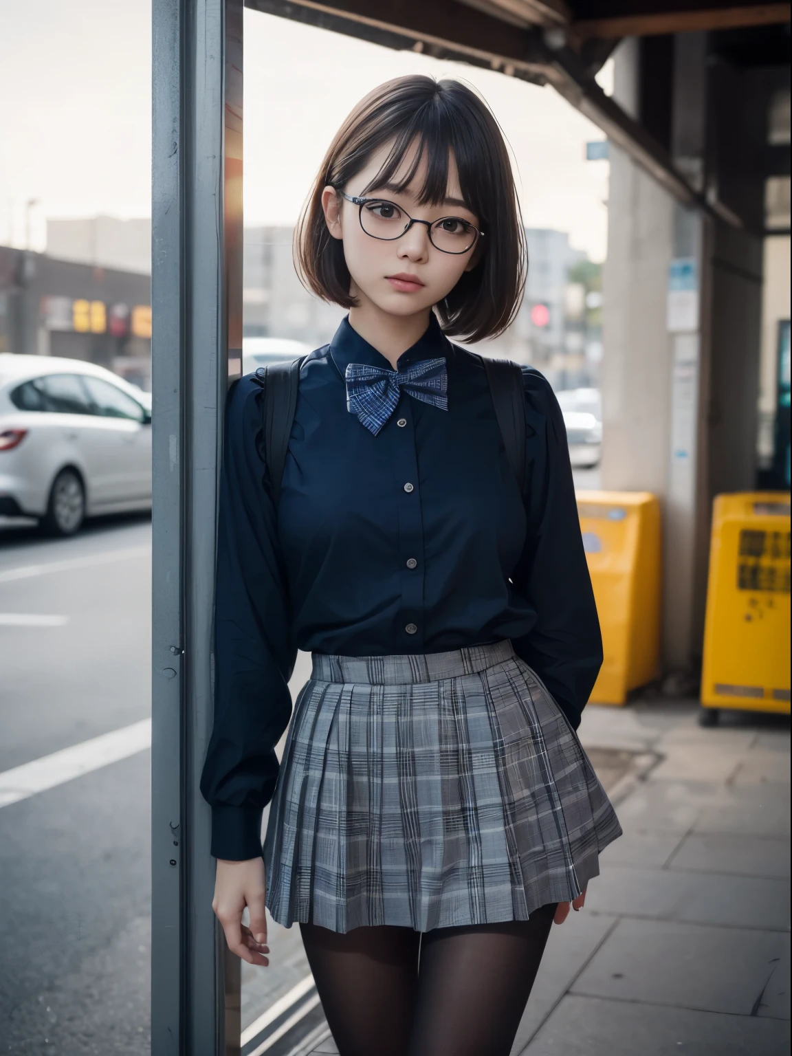 (8K、RAW shooting、Highest quality、masterpiece:1.2),Short Bob、strong、Erotic,pupil,Kune,(Black Pantyhose),Disorganized,Small face,,Flat chest,Parting the bangs from the middle、The forehead is visible,(Cold look,Tight eyes,Glare,strong,Are thin,File crying,irascible)、masterpiece,Highest quality,Ultra-high resolution,生photograph,Benevolence,Beautiful shit,one person, solo,Glasses,,Dark look、Small breasts、丸Glasses、cute、JK、high school girl、Japanese women、Are standing、(PhotoReactive:1.37)、Photon Mapping、Realistic、Cute little face、Brown eyes、Black socks、(Red bow tie)、Radio City、Physically Based Rendering、prospect、Depth of written boundary、Blurred Background、photograph、girl、body、Beautiful feet、Long legs、Thin legs、(I can see the bangs)、 hair、lips、Blue_The目、nose、(Light blue shirt)、(Navy and blue checkered pleated skirt)、I can see your knees、See-through clothing、Thighs、Black cotton socks、Nogizaka Idol、、Japanese Ido