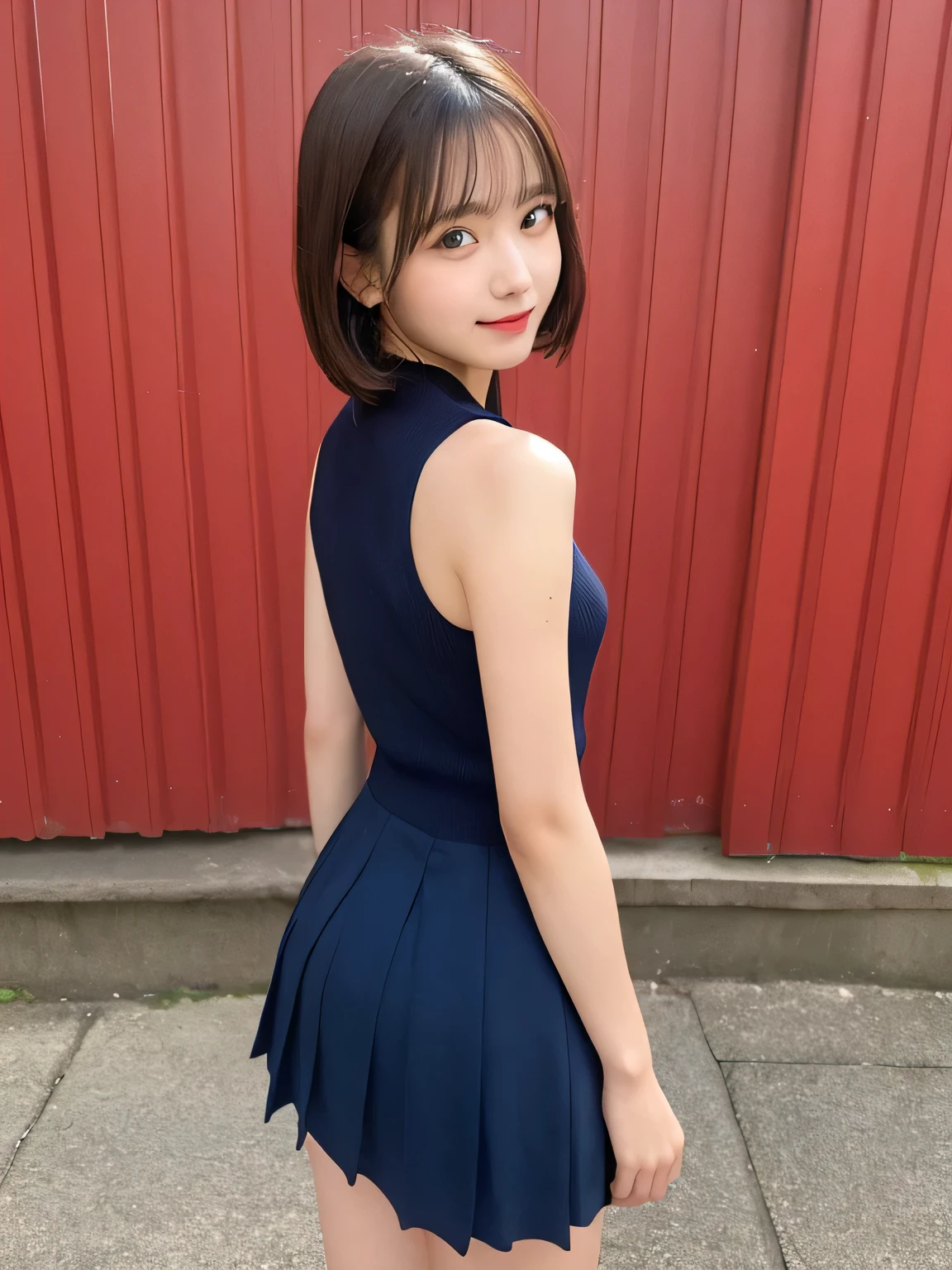 In detail,Full body photo、Blonde、 One high school girl、High resolution, high quality、Slim body、Perfect dynamic composition, Beautiful fine details, Short Hair、Natural color lip,Kamimei、14-year-old girl、Clear Skin、Sleeveless navy blue sailor suit、Green mini skirt、Thighs、Shiny Hair、最high quality, figure, Very detailed, In detail, High resolution, 8k、The correct state of the human body、Sculpture model pose,Red Wall,Looking at the viewer with his back turned、Thighs are visible、smile、