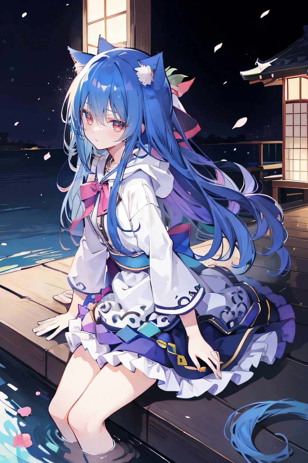 （masterpiece：1.2），Super detailed，lifelike，Expressive eyes，fair skin，perfect face shape，1 girl，
Japanese comics,Gorgeous blue hair,flowing blue hair,flowing clothes,Cat ears,Petals fall,beautiful lola,Baby Angel,
Shaking head with one hand，Cross your legs，Gentle and peaceful background，The pavilion is cool and comfortable,smile, wearing hoodie, background of tokyo,back views,snowing, winter,lie on the water.