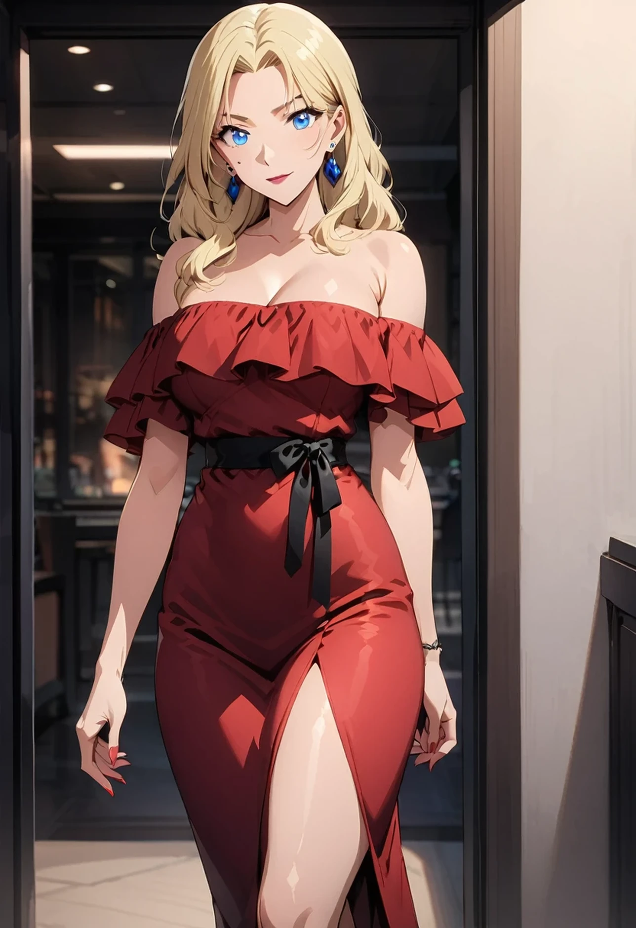 (best quality,Ultra-clear,Depth of Field, high resolution:1.3),personal, Blonde Hair, blue eyes, earrings, Jewelry, Anime style,full-body shot,(36 years old mature beauty,Charming and sexy,Perfect body,Fashion,Green Off-The-Shoulder Maxi Dress,Wearing red high heels:1.2)