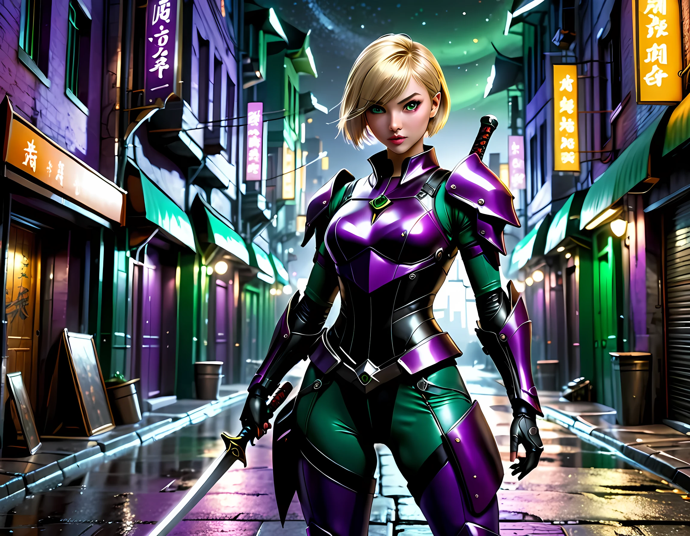 high details, best quality, 16k, [ultra detailed], masterpiece, best quality, (extremely detailed), full body, ultra wide shot, photorealistic, a picture of a woman assassin ready to combat in a dark alley, she holds a sword in hand, exquisite beautiful woman, she has pixie cut blond hair, emerald green eyes, she wears a (purple: 1.3) (tight leather suit: 1.4), the suit has mecha gadgets, dynamic color suit, she kneels in fantasy dark street of fantasy setting city, its night time, the moon is high in the sky, many stars in the night, high details, best quality, highres, ultra wide angle, DonMN1gh7XL, cybrk