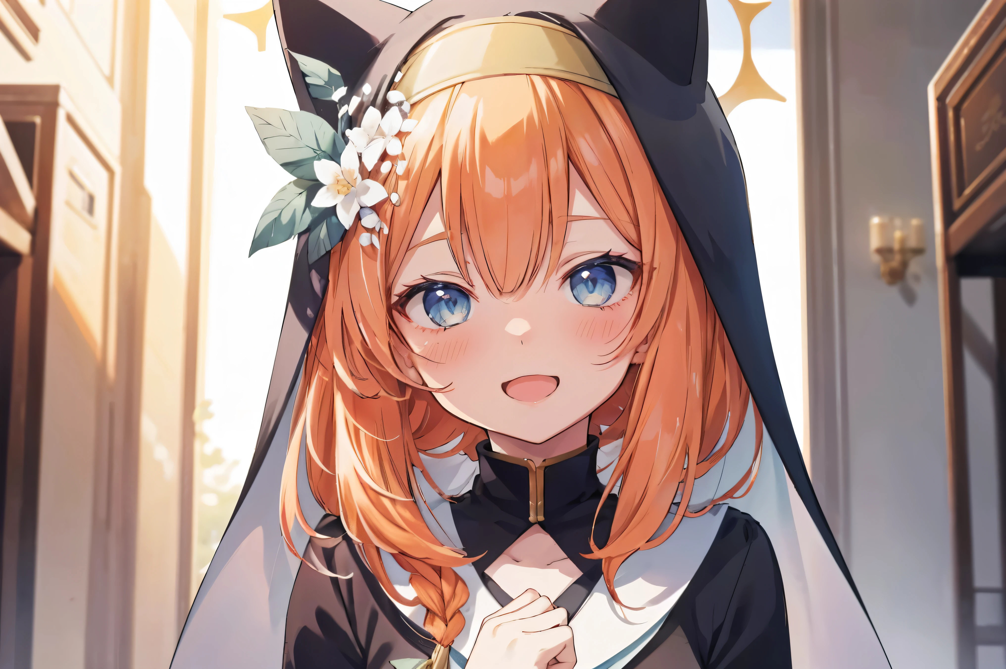 Marie、masterpiece、Best image quality、最high quality、1 person、girl (Open Mouth Smile), independent , Looking into the camera, masterpiece, Anime art style, Cute Characters, Most detailed, high quality、Shiny Hair、Very fine and beautiful bright eyes、nose blush、spoken heart、Very detailed, clear and beautiful face, Awards, (((Anatomically correct)))、Orange Hair