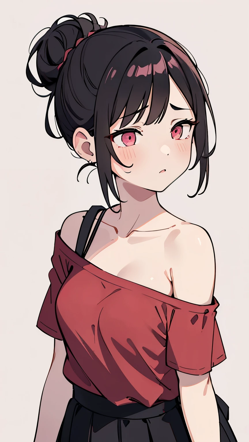 (Girl1,triangle face,pink eyes),(black hair,messy bun hairstyle),(red t-shirt off-the-shoulder neckline,mini skirt),standing,white wallpaper,Highly detailed ,8K wallpapers،Highest quality, high resolution, beautiful lighting, detailed shadow,high resolution،highly detailed,detailed faces and eyes,realistic eyes