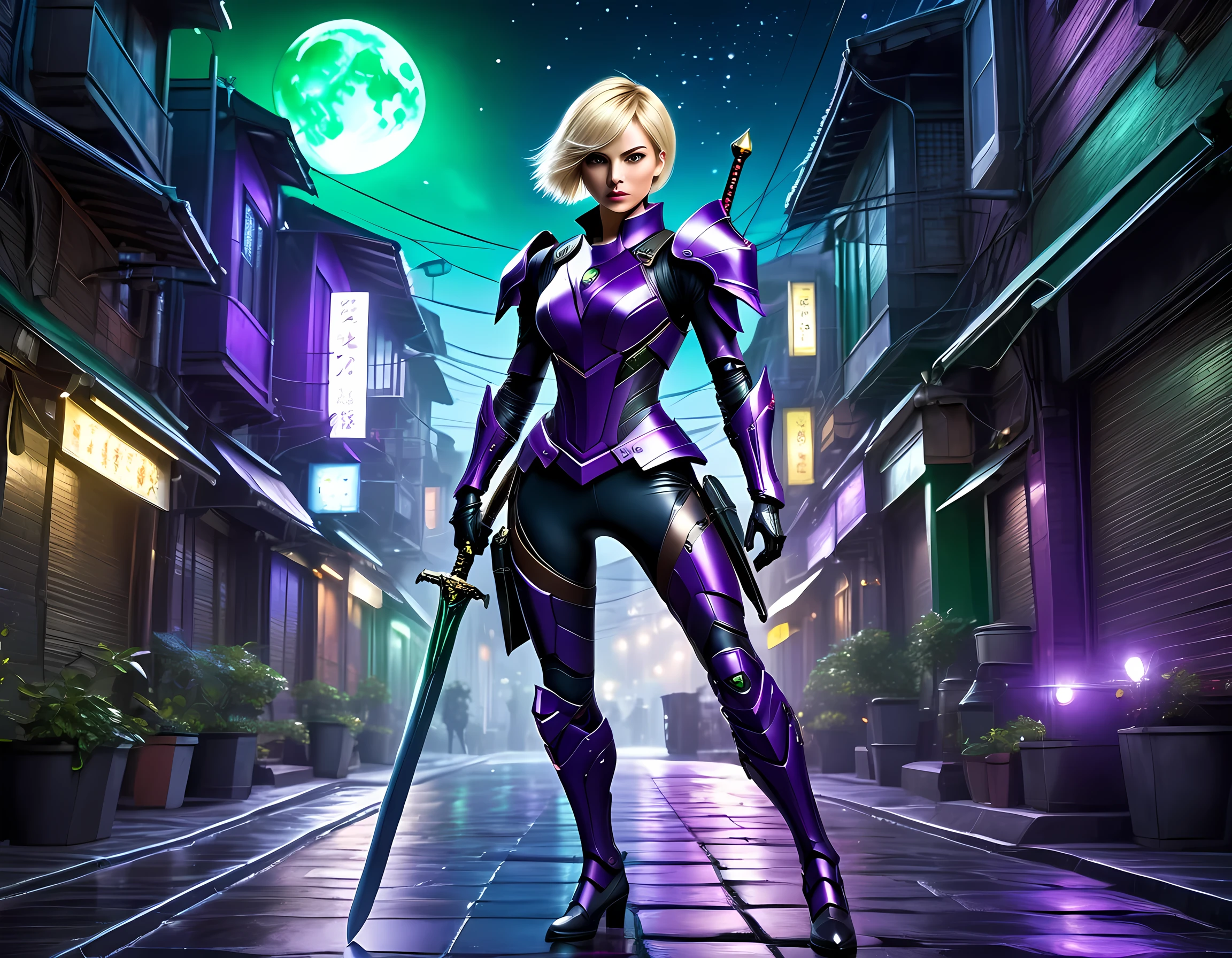 high details, best quality, 16k, [ultra detailed], masterpiece, best quality, (extremely detailed), full body, ultra wide shot, photorealistic, a picture of a woman assassin ready to combat in a dark alley, she holds a sword in hand, exquisite beautiful woman, she has pixie cut blond hair, emerald green eyes, she wears a (purple: 1.3) (tight leather suit: 1.4), the suit has mecha gadgets, dynamic color suit, she kneels in fantasy dark street of fantasy setting city, its night time, the moon is high in the sky, many stars in the night, high details, best quality, highres, ultra wide angle, DonMN1gh7XL, cybrk