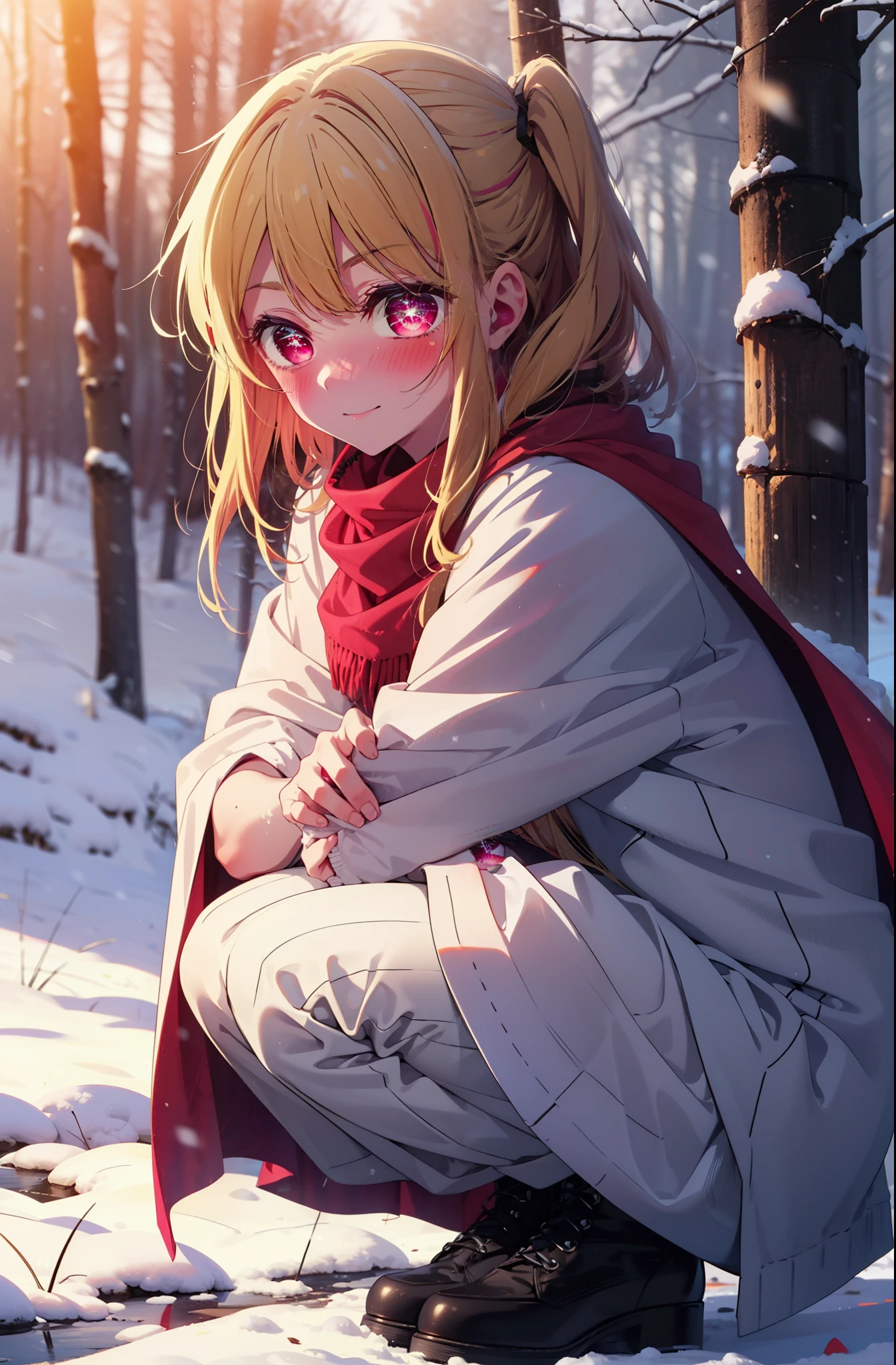 rubyhoshino, Hoshino Ruby, Long Hair, bangs, Blonde Hair, (Pink Eyes:1.3), Side Lock, (Symbol-shaped pupil:1.5), Multicolored Hair, Two-tone hair, smile,,smile,blush,White Breath,
Open your mouth,snow,Ground bonfire, Outdoor, boots, snowing, From the side, wood, suitcase, Cape, Blurred, , forest, White handbag, nature, Squat, Mouth closed, Cape, winter, Written boundary depth, Black shoes, red Cape break looking at viewer, Upper Body, whole body, break Outdoor, forest, nature, break (masterpiece:1.2), highest quality, High resolution, unity 8k wallpaper, (shape:0.8), (Beautiful and beautiful eyes:1.6), Highly detailed face, Perfect lighting, Extremely detailed CG, (Perfect hands, Perfect Anatomy),