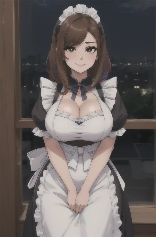 (night:1.7), Japan, Tokyo, city View, Before Window,
stand at attention,
maid, maid headdress, maid apron, maid_skirt,
Brown_Eye,Brown_hair,Weaving,
1 girl, 20 years,Become a,beautiful Finger,beautiful long legs,beautiful body,beautiful Nose,beautiful character design, perfect Eye, perfect Face,
looking at the audience, Light_Smile,
National Foundation,Official Art,Extremely detailed CG unity 8k wallpaper, Perfect lighting,rich and colorful, bright_front_Face_Lighting,
(masterpiece:1.0),(the best_quality:1.0), Ultra-high resolution,4k,Extremely detailed,
photography, 8K, HDR, High resolution, absurd:1.2, Kodak Portrait 400, Film Grain, Blurred background, Bokeh:1.2, 镜头Light晕, (energetic_color:1.2)
(beautiful,Large target_breast:1.4) ( (((大breast、breast下垂、Low-cut,Cleavage ,Wide hips,)))((Long legs)),Hourglass figure))), (beautiful_Face:1.5),(narrow_waist),