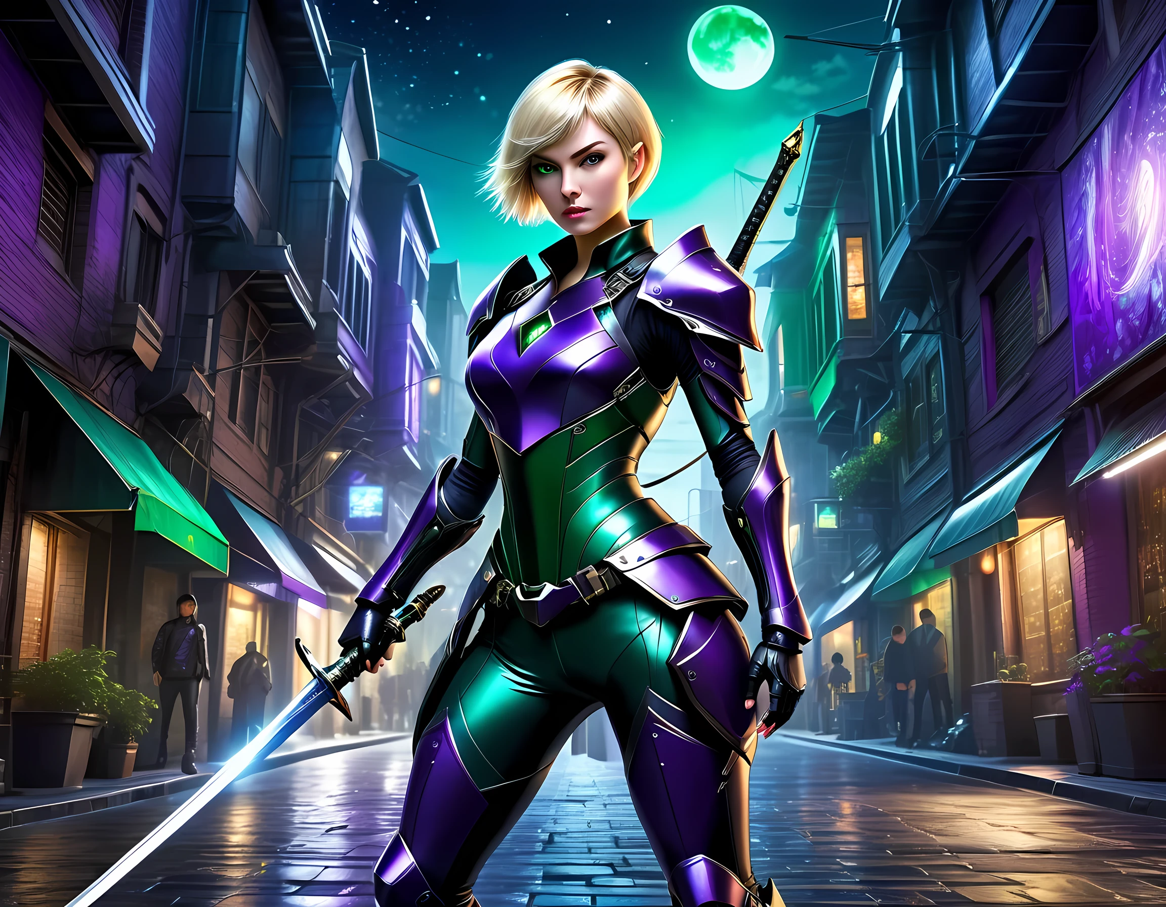 high details, best quality, 16k, [ultra detailed], masterpiece, best quality, (extremely detailed), full body, ultra wide shot, photorealistic, a picture of a woman assassin ready to combat in a dark alley, she holds a sword in hand, exquisite beautiful woman, she has pixie cut blond hair, emerald green eyes, she wears a (purple: 1.3) (tight leather suit: 1.4), the suit has mecha gadgets, dynamic color suit, she kneels in fantasy dark street of fantasy setting city, its night time, the moon is high in the sky, many stars in the night, high details, best quality, highres, ultra wide angle, DonMN1gh7XL, cybrk