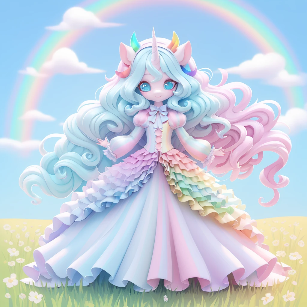 Unicorn monster girl snow-white fur pale blue eyes long curly hair with streaks of pastel cyan and pink long curly tail with streaks of pastel cyan and pink striped horn wearing haute couture outfit field with rainbow