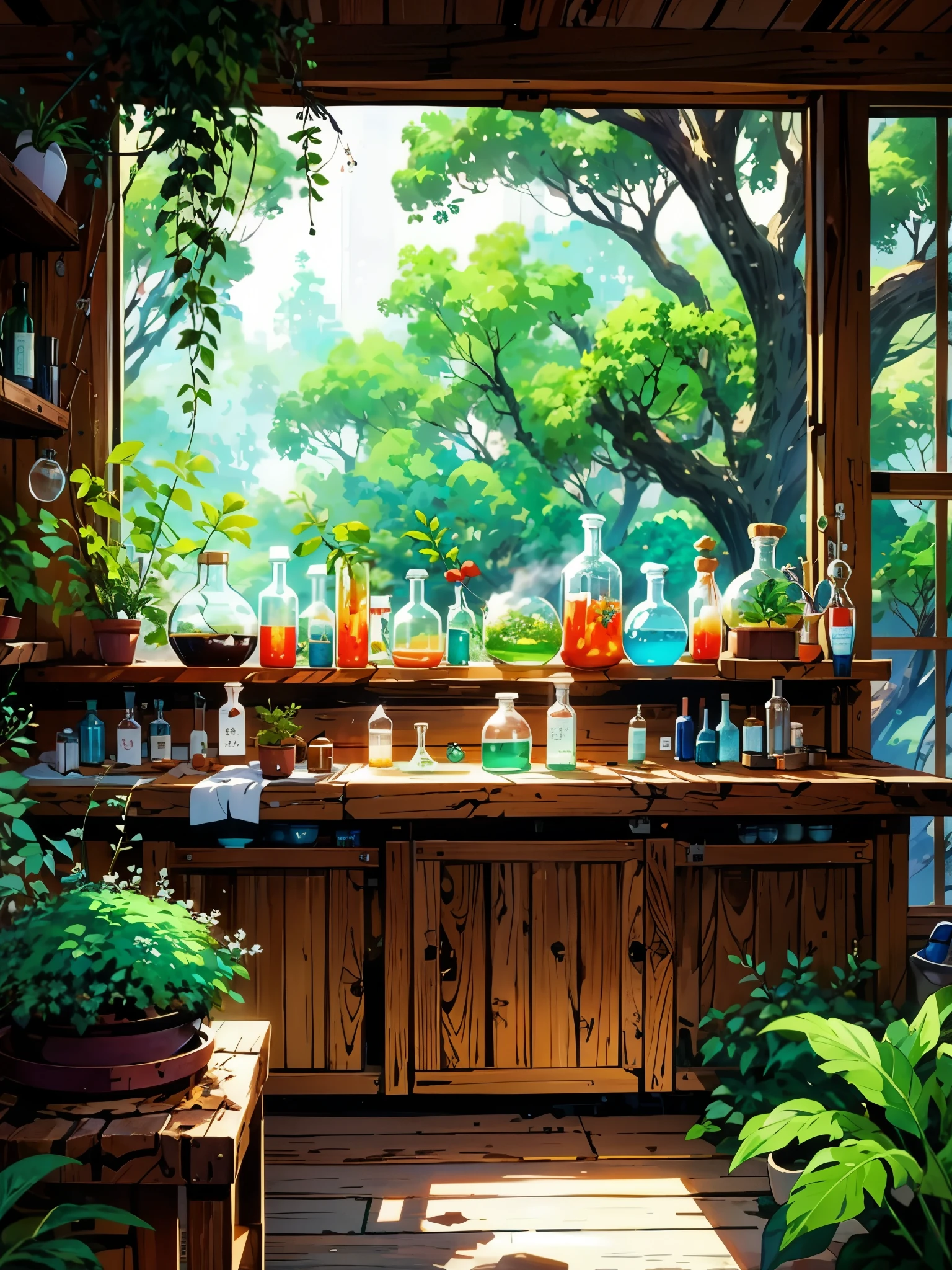 a room filled with lots of bottles and plants, fantasy alchemist laboratory, magic lab background, laboratory background, magic laboratory setting, mysterious laboratory, lab background, alchemy laboratory, plants in scientific glassware, alchemist lab, secret lab, laboratory, lab, science lab, alchemist library background, magical botanic, smoky laboratory, studio ghibli environment, anime nature wallpap