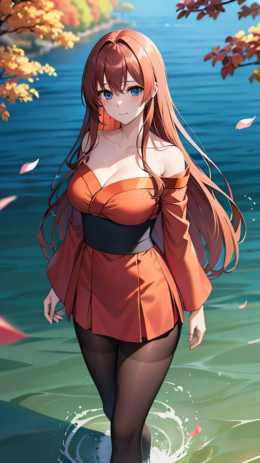 POV,from above,masterpiece,Japanese anime style,Beautiful girl with long straight reddish brown hair and blue eyes,beautiful eyes,Medium breasts,beautiful face,Smile,Walking by the lake at night, Wearing strapless gorgeous Hanfu and black pantyhose,The breeze blew her face,petals falling from the sky,The skirt flutters,Elegant picture