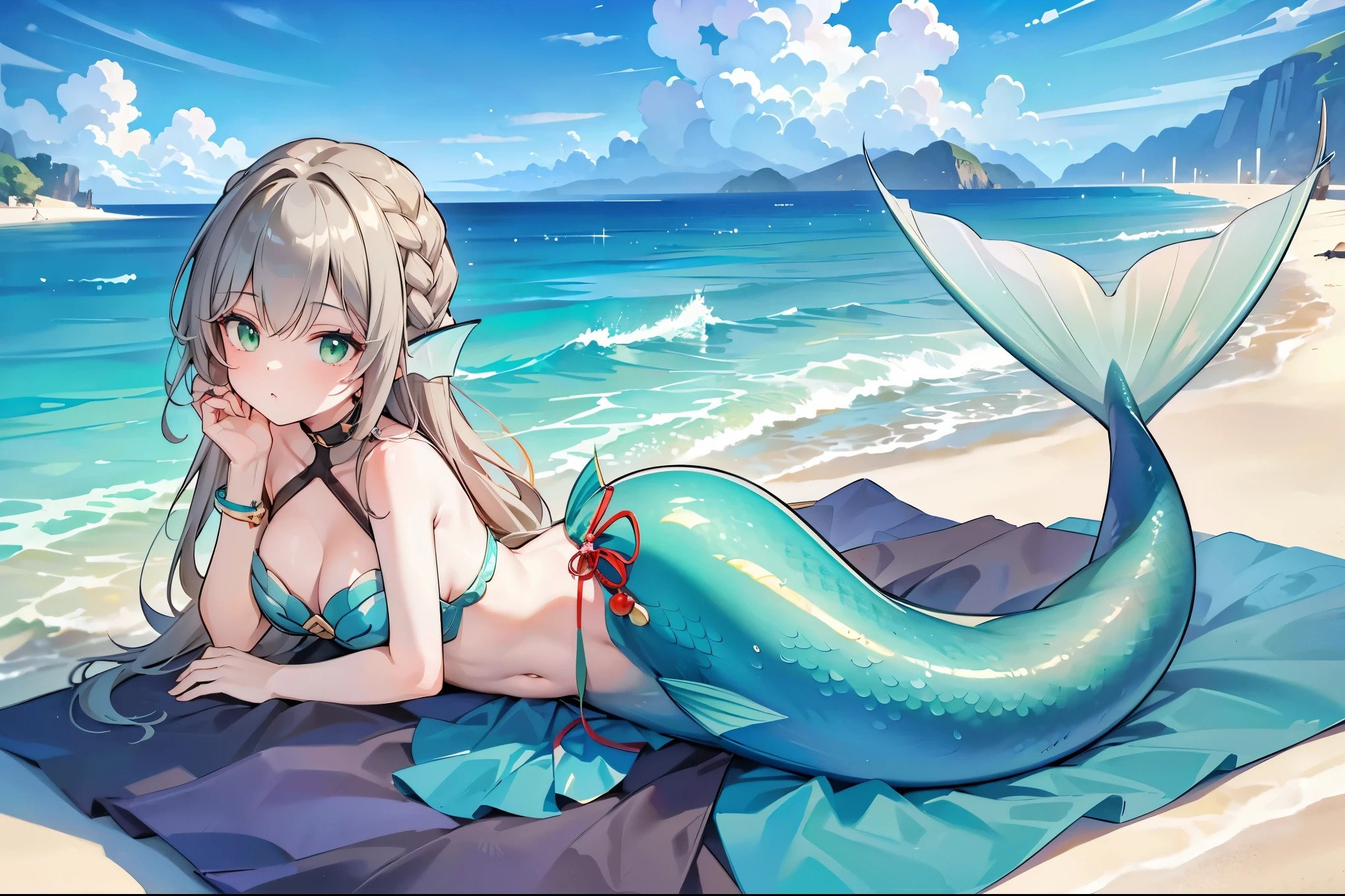 masterpiece, best quality,A girl,solo,qingque,bare shoulders,Large Breasts,Mermaid,绿色的Mermaid尾巴,full-body shot,lying on a beach,Sea view