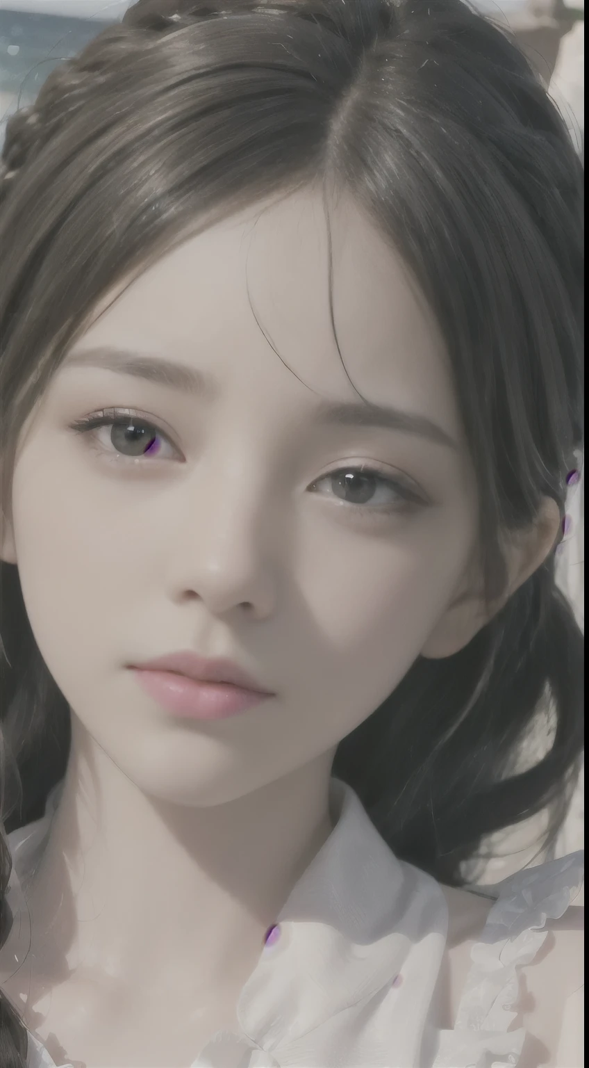 highest quality, Ultra Nothing, Realistic, Beautiful Woman Photos, 30th Generation, Detailed face, Black Messy Fishtail Braid, (Exquisite porcelain doll,Delicate clothing with lots of frills and ribbons), Beach, (Face close-up), Captivating look, View Viewer