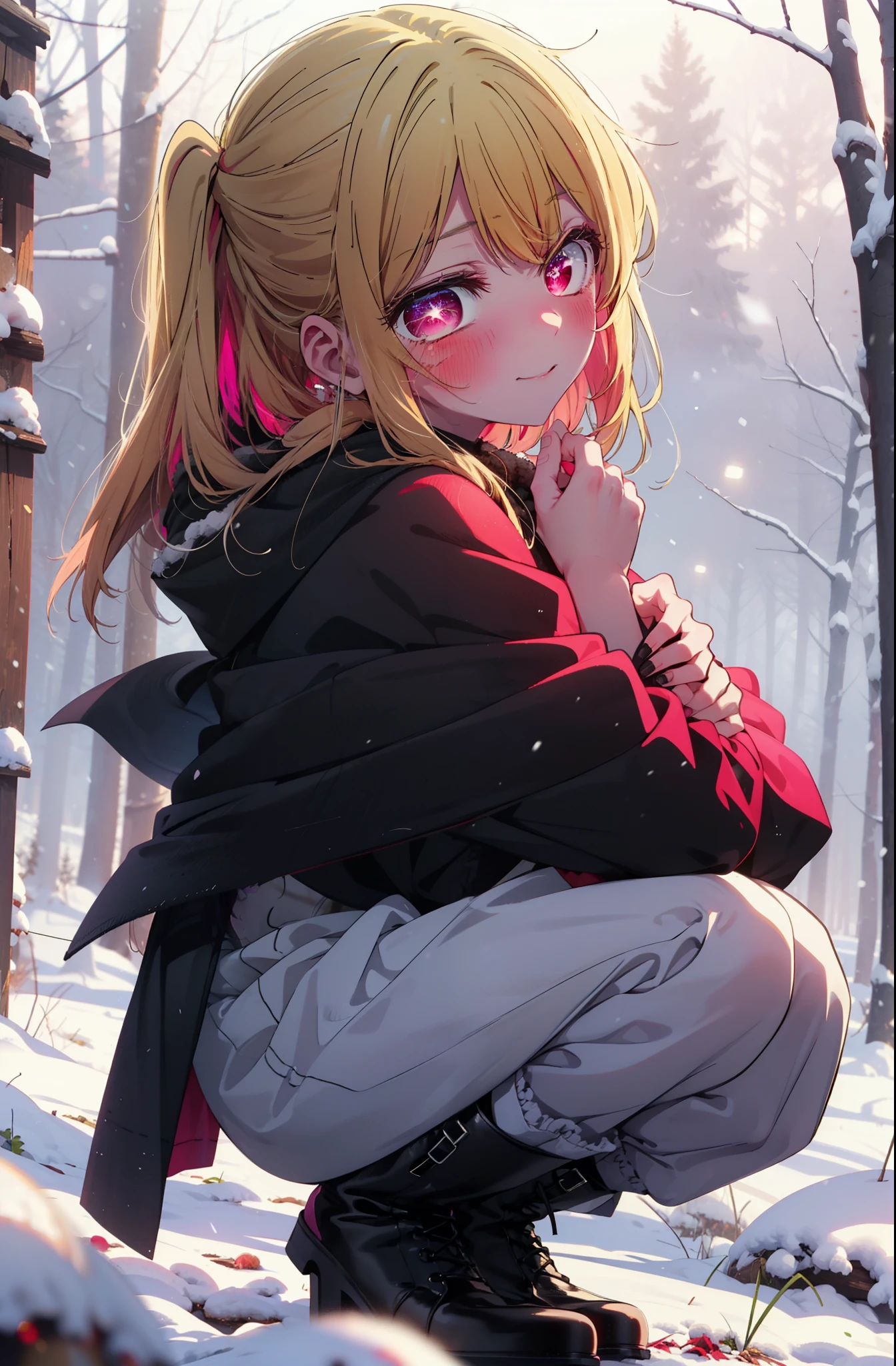 rubyhoshino, Hoshino Ruby, Long Hair, bangs, Blonde Hair, (Pink Eyes:1.3), Side Lock, (Symbol-shaped pupil:1.5), Multicolored Hair, Two-tone hair, smile,,smile,blush,White Breath,
Open your mouth,snow,Ground bonfire, Outdoor, boots, snowing, From the side, wood, suitcase, Cape, Blurred, , forest, White handbag, nature, Squat, Mouth closed, Cape, winter, Written boundary depth, Black shoes, red Cape break looking at viewer, Upper Body, whole body, break Outdoor, forest, nature, break (masterpiece:1.2), highest quality, High resolution, unity 8k wallpaper, (shape:0.8), (Beautiful and beautiful eyes:1.6), Highly detailed face, Perfect lighting, Extremely detailed CG, (Perfect hands, Perfect Anatomy),
