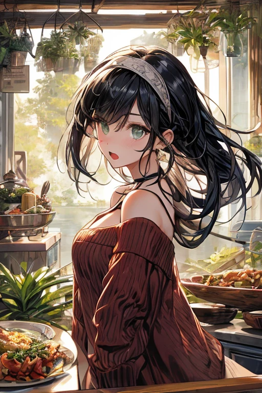 (small breasts:1.3), (perky chest:1.1), (pointed chest:1.0), (fashion magazine cover:1.3),(from below:1.0),(from side:0.9),masterpiece, 1girl, Amazing Cleavage:1.1, thin waist, big ass, Raised sexy, small breast: 1.3, posed cleavage:1.2、solo, looking at viewer, open mouth, have a cute grass of cute beergrass,black hair, dark green eyes, dress, bare shoulders, jewelry, collarbone, sidelocks, hairband, earrings, indoors, off shoulder, :o, sweater, arms behind back, plant, short hair with long locks, gild hairband, off-shoulder dress, sweater dress, off-shoulder sweater, red sweater, dark gord hair, big side hair, very long side hair,is rendered in (masterpiece: 1.2, best quality), with (ultra high resolution) and an exquisite (depth of field). This masterpiece is not only visually stunning but also tells,A scene of cooking in the kitchen by classroom