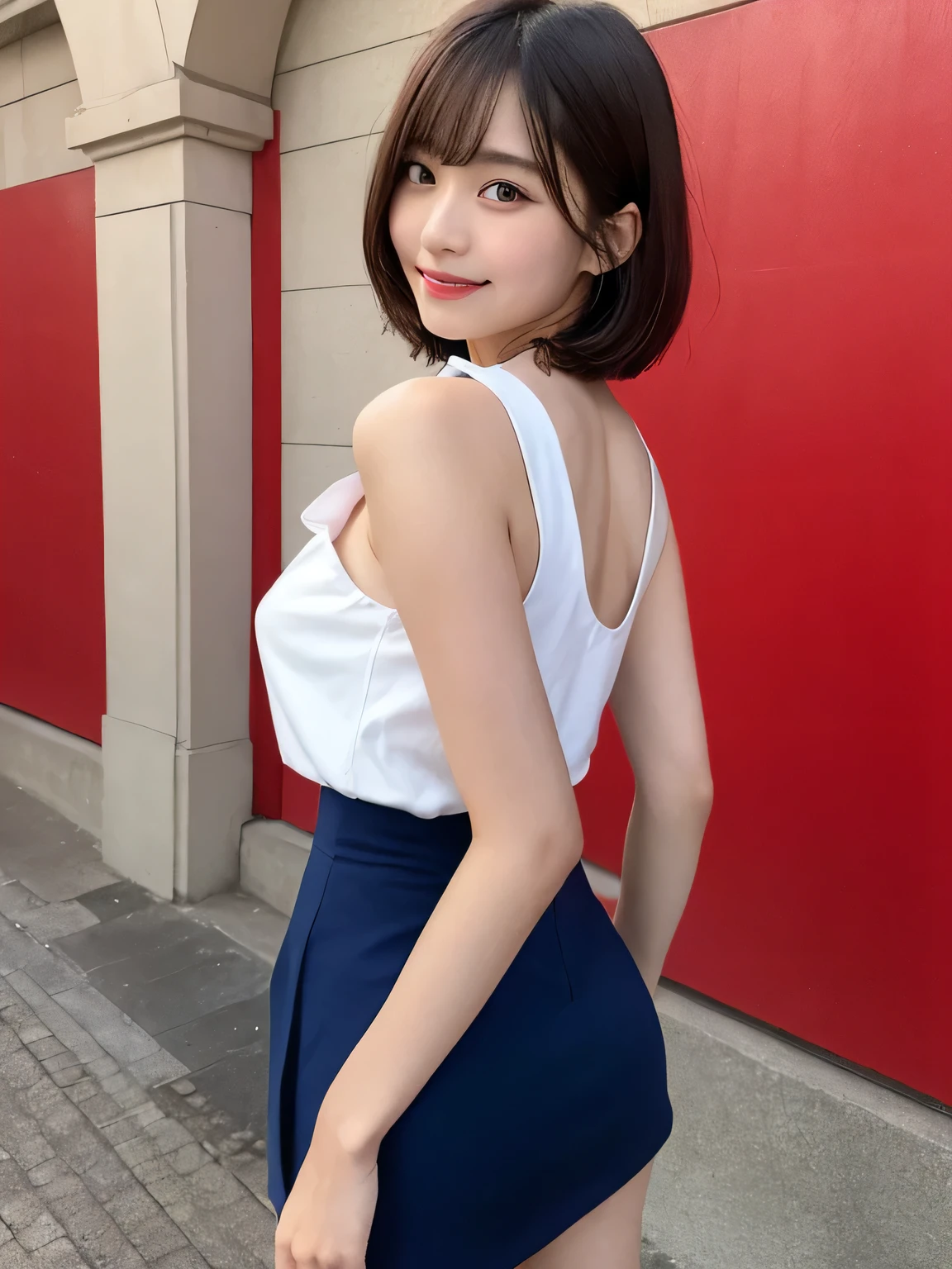 In detail,Full body photo、One high school girl、High resolution, high quality、Slim body、Perfect dynamic composition, Beautiful fine details, Short Hair、Natural color lip,Kamimei、-yeld giClear Skin、Sleeveless red sailor suit、Navy blue mini skirt、Thighs、Shiny Hair、最high quality, figure, Very detailed, In detail, High resolution, 8k、The correct state of the human body、Sculpture model pose，Red Wall,Looking at the viewer with his back turned、Thighs are visible、smile、