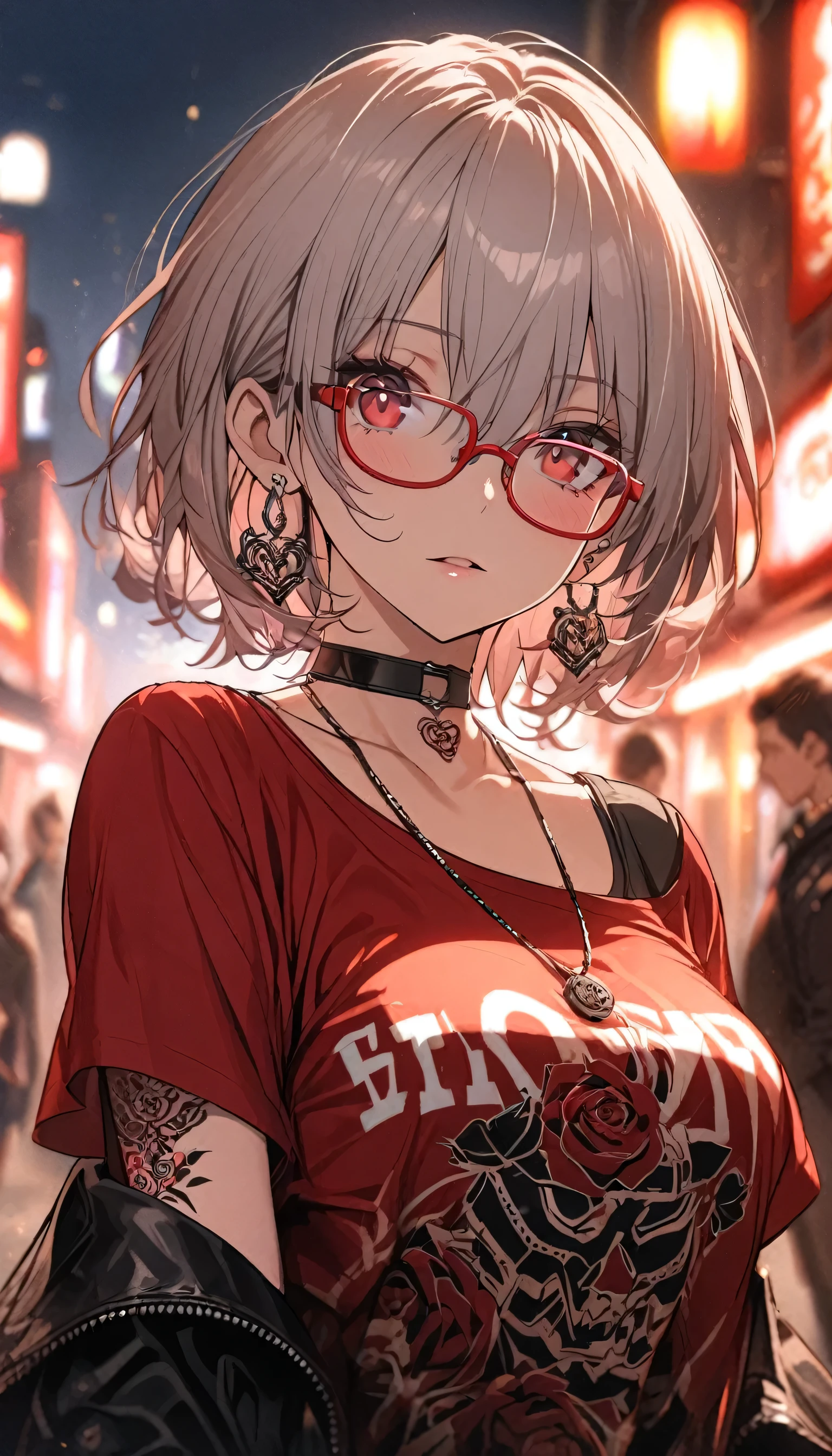 1girl, solo, breasts, looking at viewer, short hair, bangs, shirt, red eyes, hair between eyes, jewelry, closed mouth, collarbone, upper body, flower, grey hair, earrings, outdoors, parted lips, sky, glasses, solo focus, choker, necklace, off shoulder, blurry, head tilt, tattoo, night, depth of field, blurry background, glowing, rose, black choker, red flower, building, red shirt, clothes writing, semi-rimless eyewear, pendant, red-framed eyewear, under-rim eyewear, red rose, city, arm tattoo, bra strap, neck tattoo, flower tattoo