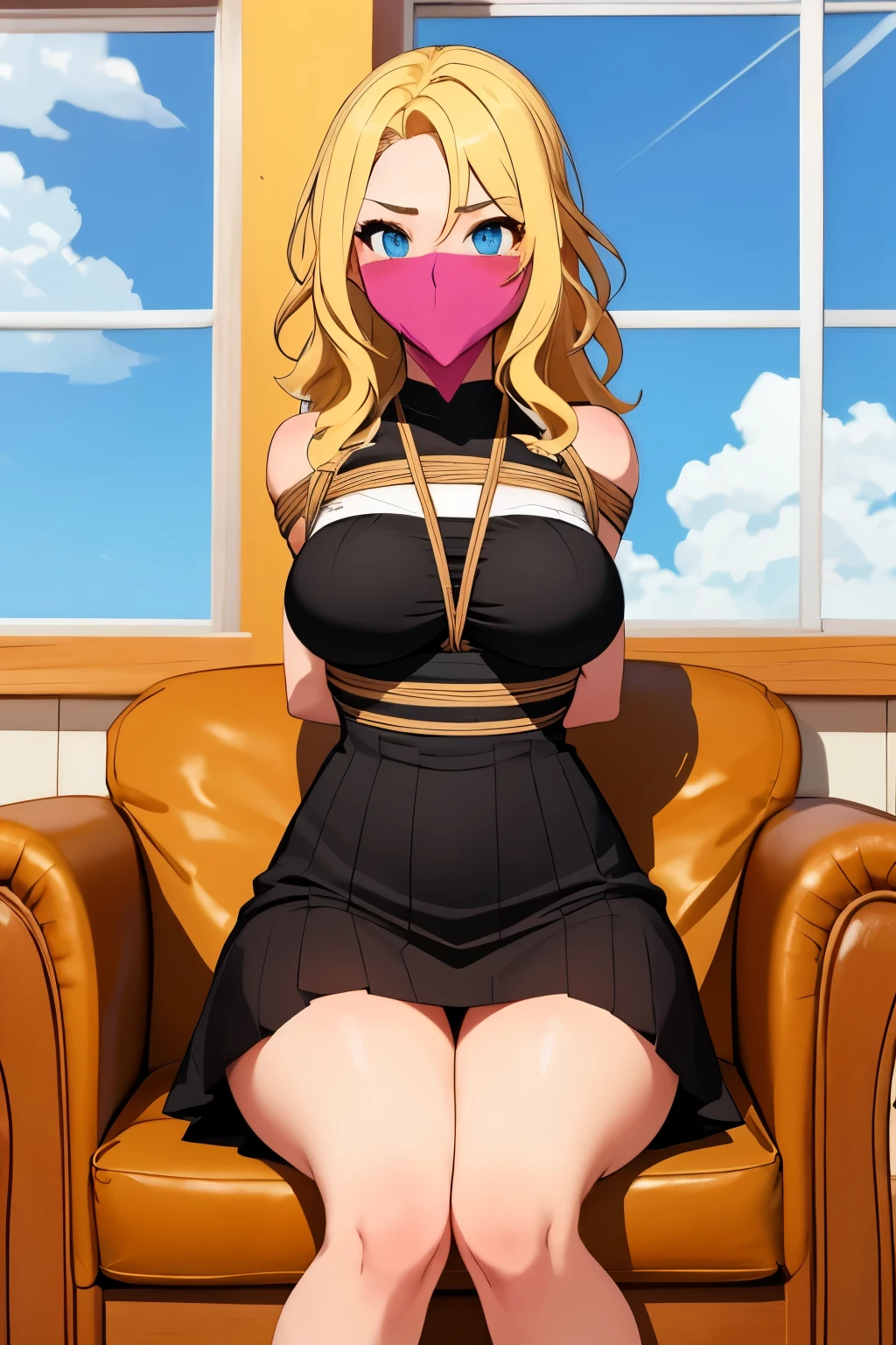 1 girl, detailed blue eyes, lange wimpern, detailed beautiful face, a Bit curly hair, (very Long blonde hair:1.4), festgebunden, (arms behind back:1.6), gefesselte Arme, (blushing:1.3), (Big boobs:1.1), OTN, Gag, gagged, shibari over clothes, black skirt, White top, black high heels, sitting on a large armchair, large window with beach in the background, tied gag, nah aufnahmen