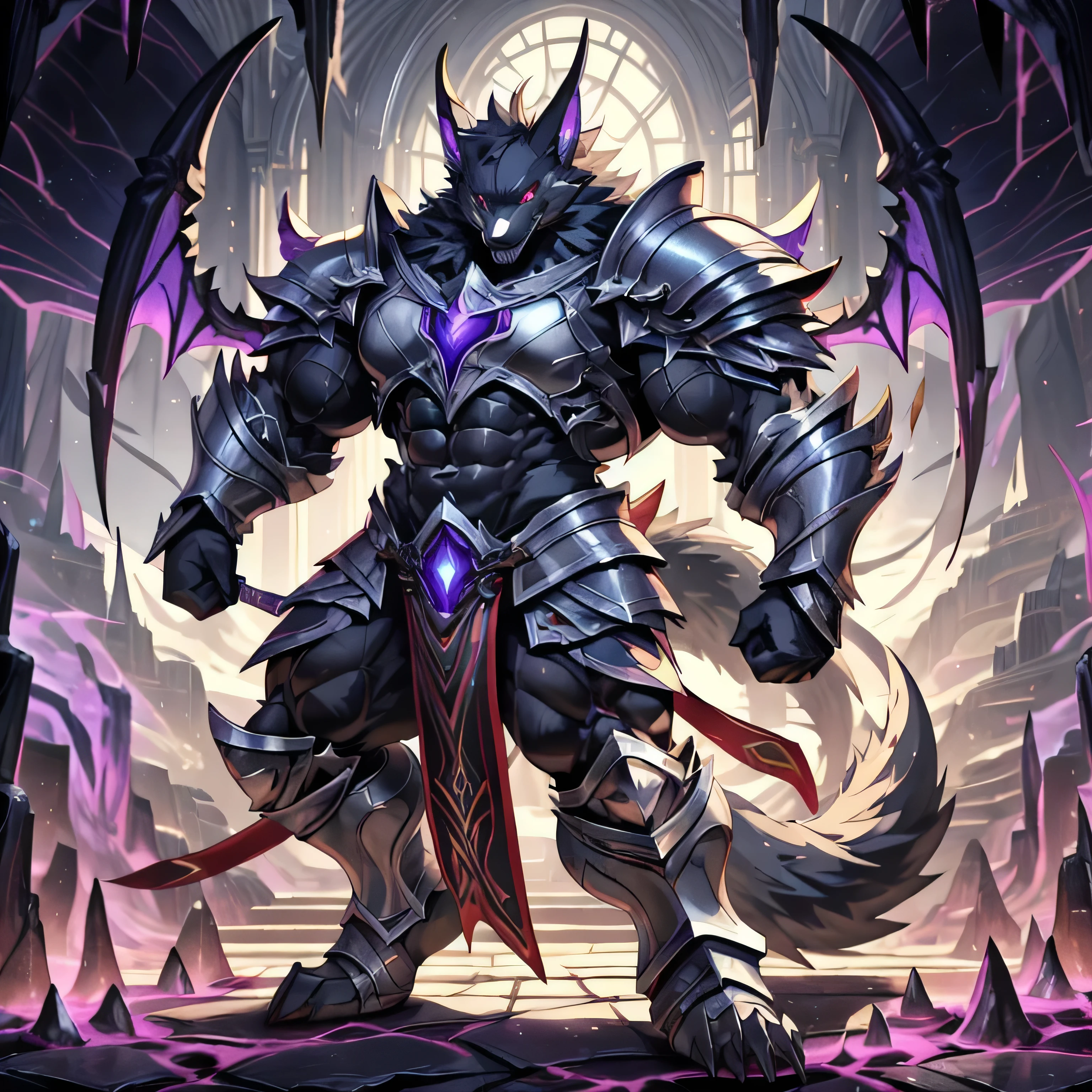 masterpiece, ultra detailed, multicolored eyes, calamity being, solo focus, male, ((multi-eyed wolf| red eyes)), demon wolf, big horn, nice shape body, (silver armor:1.6), (loincloth:1.2), sharp claw glove, big snout, sharp teeth, (fluffy demonic tail:1.5), (multi-eyed:1.3) (corruption void rift:1.7), full body, anthro, (bodybuilder body:1.8), reflective, dispersion, (dimensions power:1.5), rift makers, (ethereal, nightmare fuel), (void background), detailed body, detailed face, (kemono), perfect eyes, realistic eyes, detailed eyes, swaying, shadowverse, cygames, official art, video games, digitigrade, 16k wallpaper, HD, satisfied art
