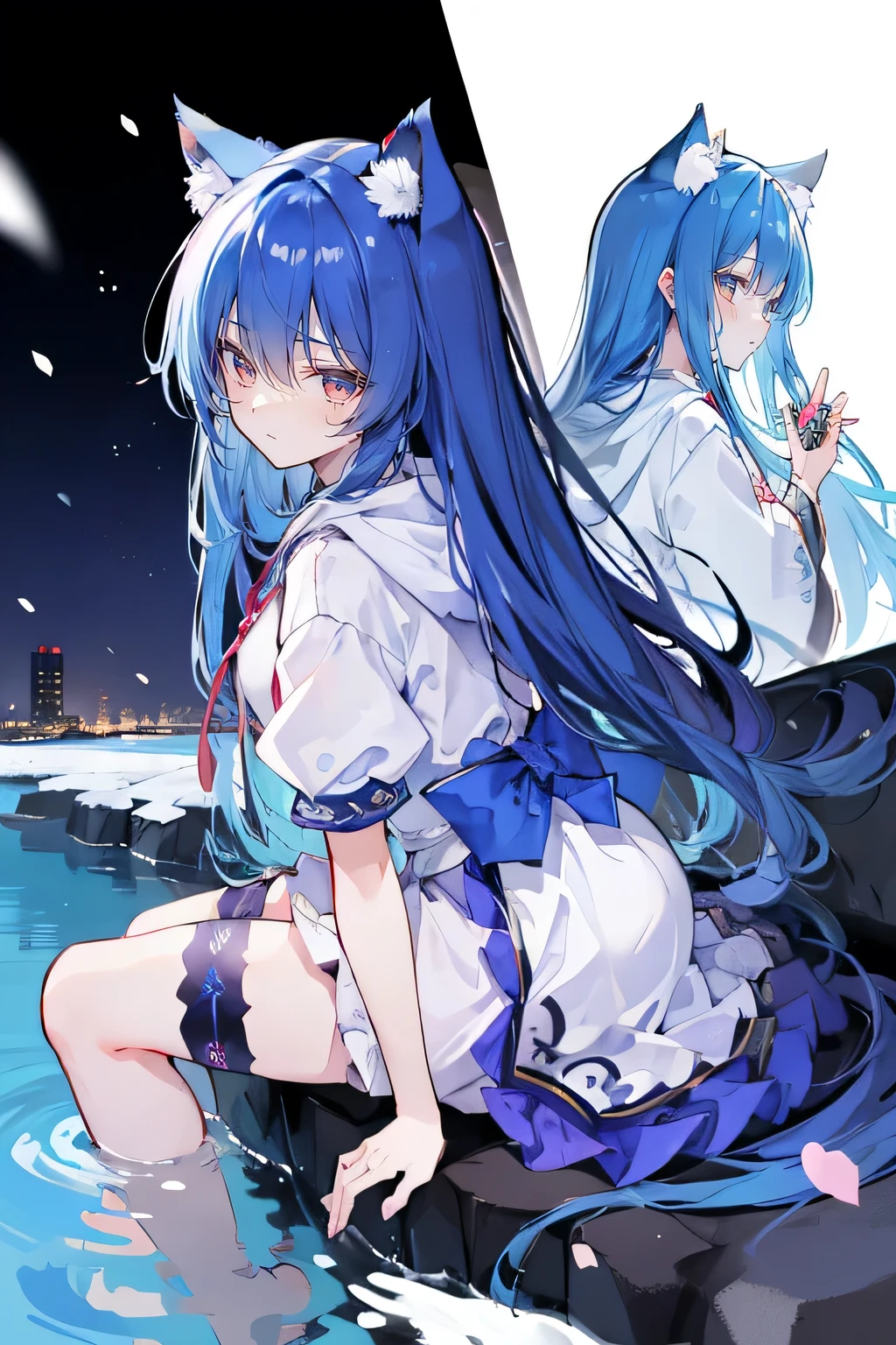 (masterpiece:1.2),Super detailed,lifelike,Expressive eyes,fair skin,perfect face shape,1 girl,
Japanese comics,Gorgeous blue hair,flowing blue hair,flowing clothes,Cat ears,Petals fall,beautiful lola,Baby Angel,
Shaking head with one hand,Cross your legs,Gentle and peaceful background,The pavilion is cool and comfortable,smile, wearing hoodie, background of tokyo,back views,snowing, winter,lie on the water.