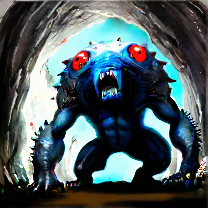 「Grotln」。They mainly live in deep mountain areas and caves.。The body length is about 3 meters、Weight: about 200 kilograms。Its appearance is covered with thick grey skin.、It has huge, sharp fangs and red eyes.。They may also attack small mammals and birds for food.。If you witness it, never provoke it.、You should quietly leave the place.。Grotlnは攻撃的で、It is said that if you approach it, it will immediately attack.。