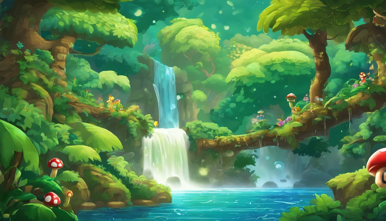 Design an image depicting an intense night storm scene over an ancient rainforest. The sky above is a canvas of chaotic beauty, with lightning bolts illuminating the dense canopy below. Each flash reveals the rich, wet leaves of towering trees and the intricate ecosystem that thrives under their shelter. The storm's fury is juxtaposed with the enduring calm of the forest, highlighting the timeless dance between nature's tempests and the tranquility of the ancient woodlands. Include the occasional glimpse of a waterfall or river, its waters surging in response to the downpour, adding to the scene's dynamic beauty
