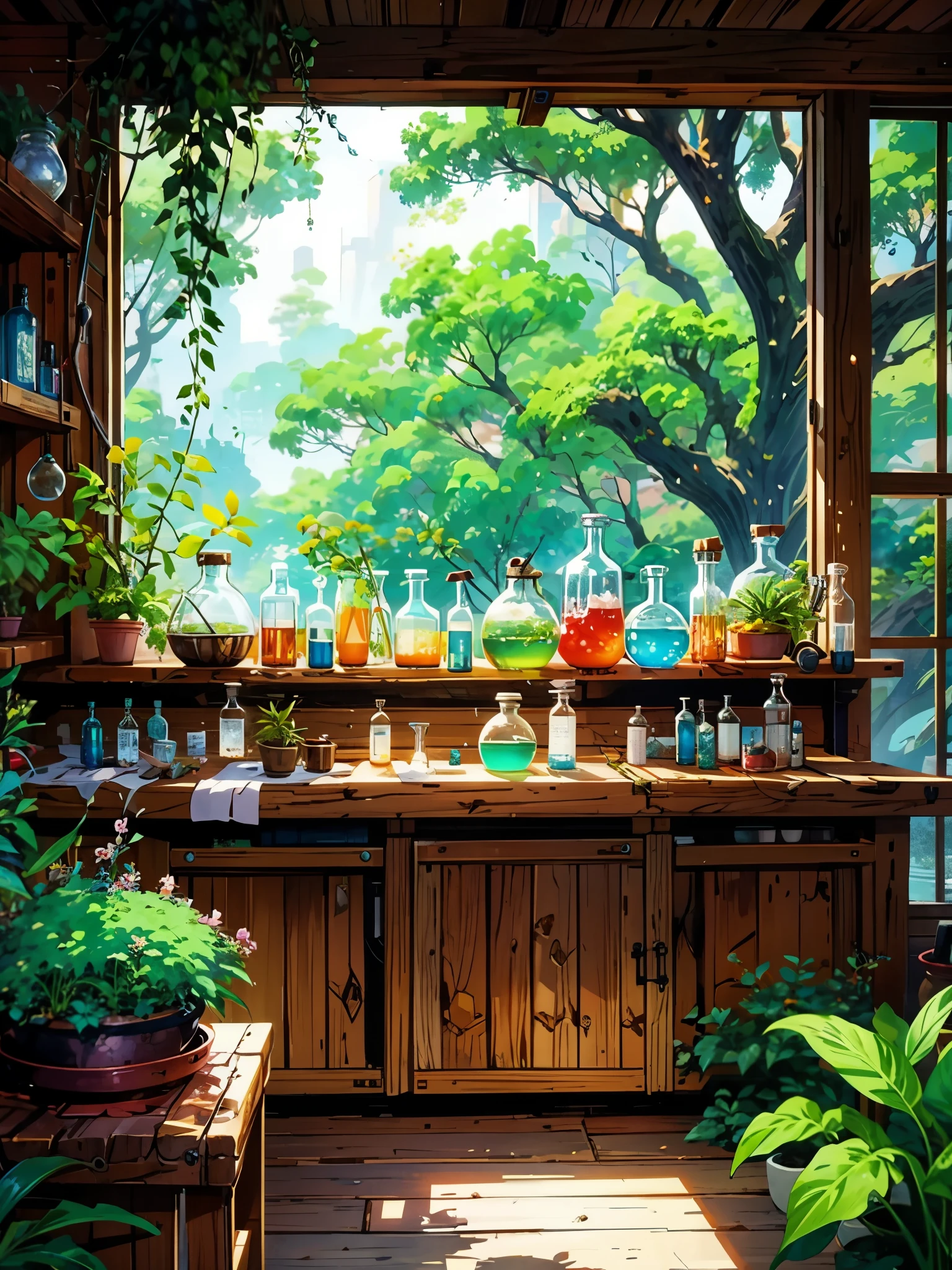 a room filled with lots of bottles and plants, fantasy alchemist laboratory, magic lab background, laboratory background, magic laboratory setting, mysterious laboratory, lab background, alchemy laboratory, plants in scientific glassware, alchemist lab, secret lab, laboratory, lab, science lab, alchemist library background, magical botanic, smoky laboratory, studio ghibli environment, anime nature wallpap