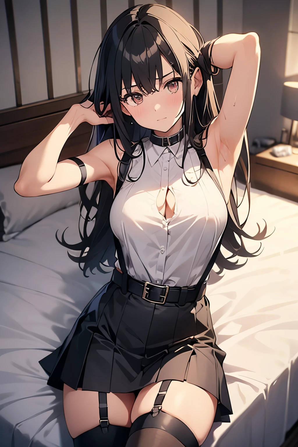 Staring at the audience　　　Black suspenders　　　bulging big breasts　　 　 　　　wall 　mini skirt　garterbelt　garter　　　　　　sight　　　Small face　 　　　holster　　　Beautiful woman　　Show your hand　　 Lying in bed　　sight 　　Taunt　side　side汗 　arm　　belt　summer　Armpit sweat